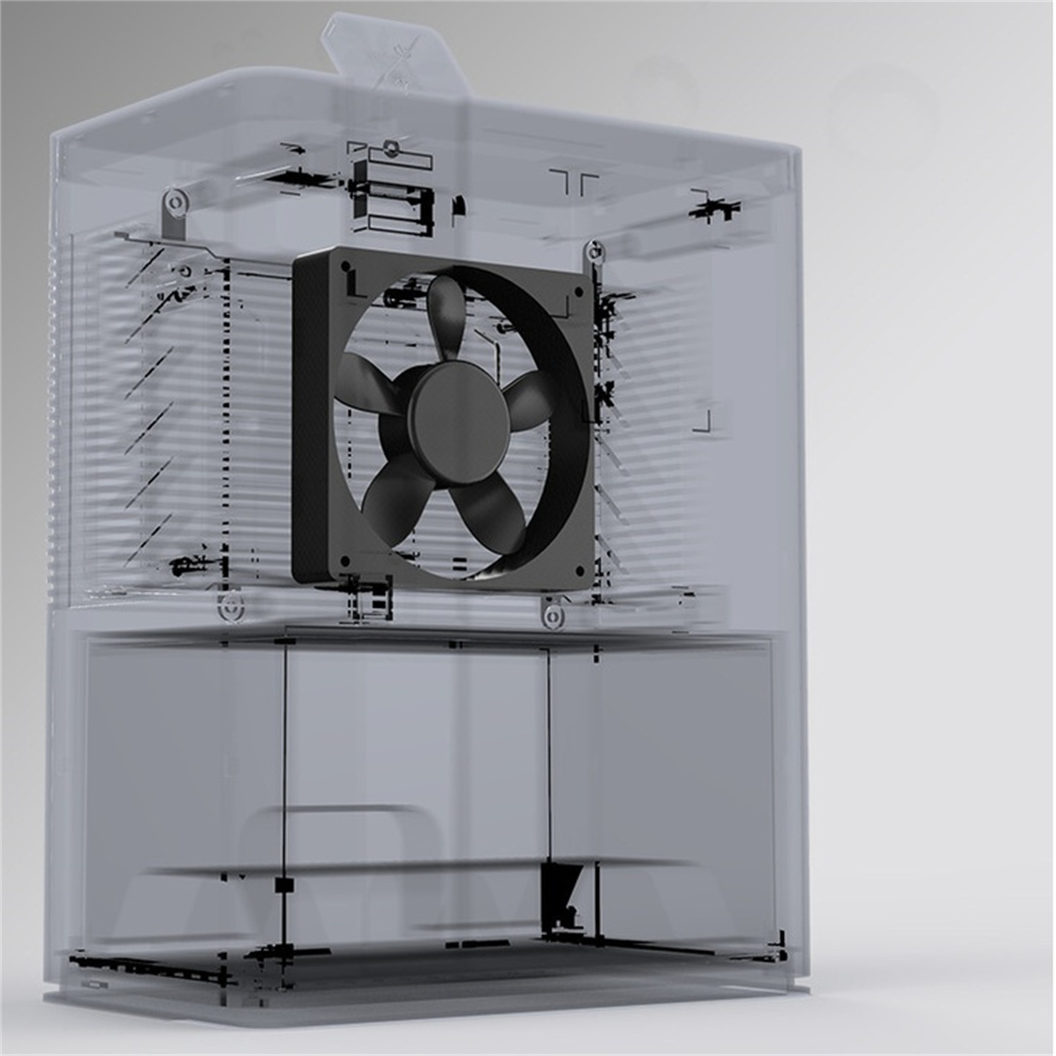 Schnittansicht einer Maschine mit einem Ventilator und internen Komponenten.