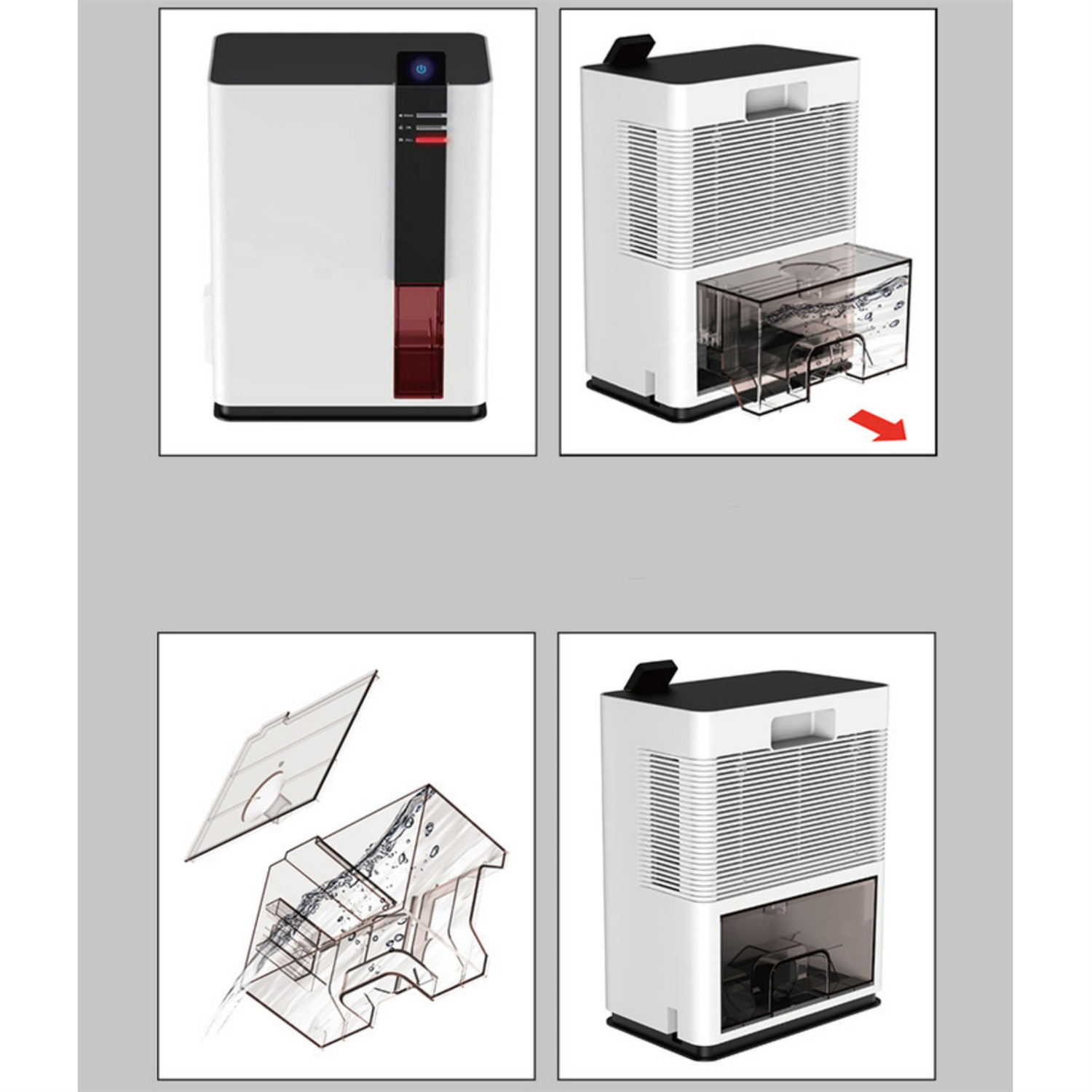 Mehrere Bilder eines weißen und roten Luftreinigers. Er hat einen transparenten Wassertank und ein rot hervorgehobenes Panel.