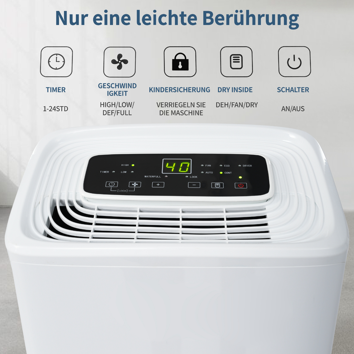 Ein weißer Luftentfeuchter mit Digitalanzeige und mehreren Bediensymbolen. Text: Nur eine leichte Berührung.