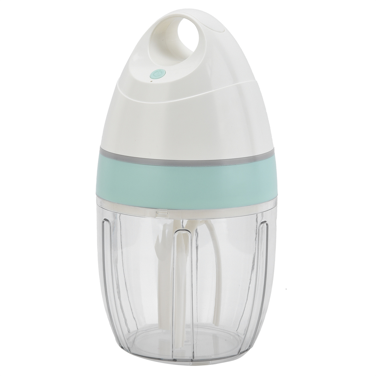 Weißer und grüner Food Processor mit durchsichtigem Kunststoffbehälter. Er hat einen Schlaufengriff oben.