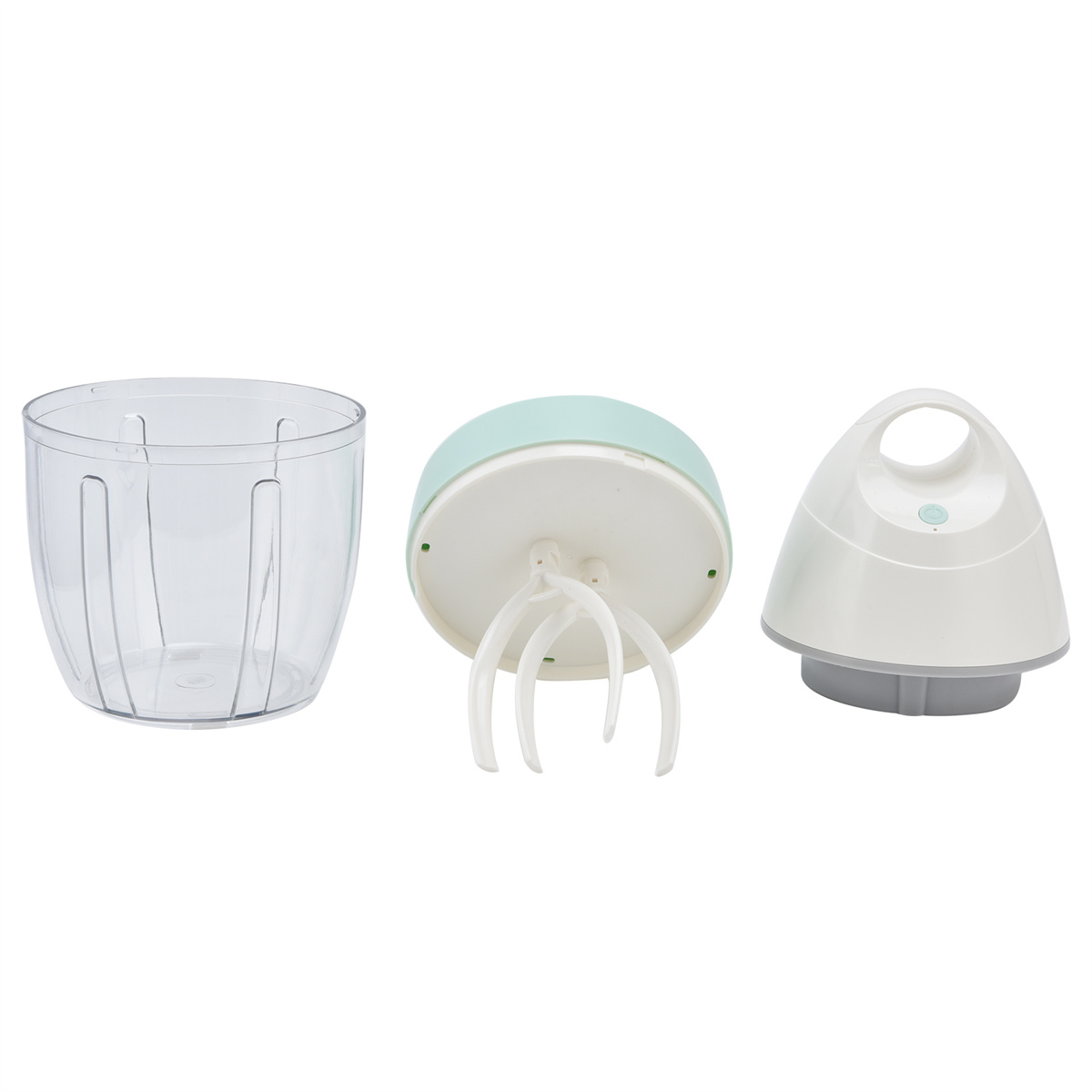 Zerlegter Mini-Zerkleinerer mit durchsichtigem Behälter, mintgrüner Basis und weißem Deckel.