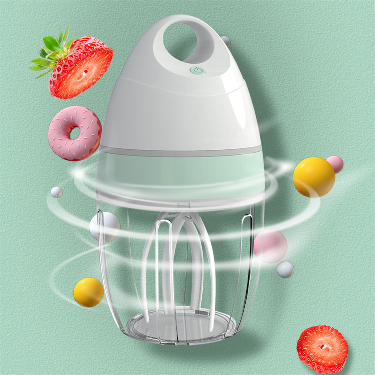 Ein elektrischer Mixer mit grünem Band, Erdbeeren, einem rosa Donut und schwebenden Kugeln auf grünem Hintergrund.