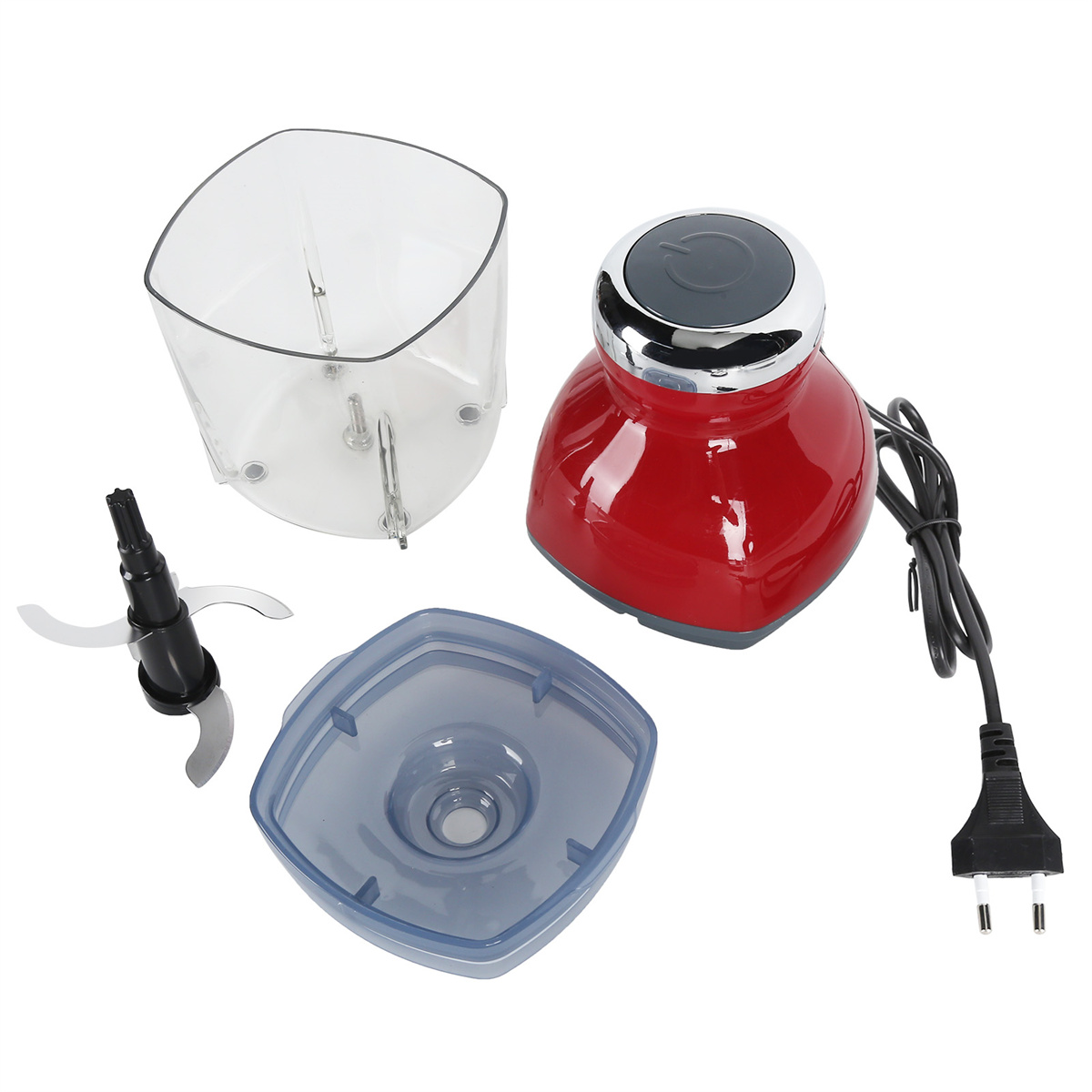 Roter und weißer elektrischer Zerkleinerer demontiert. Komponenten: Klingen, Schüssel und Deckel.