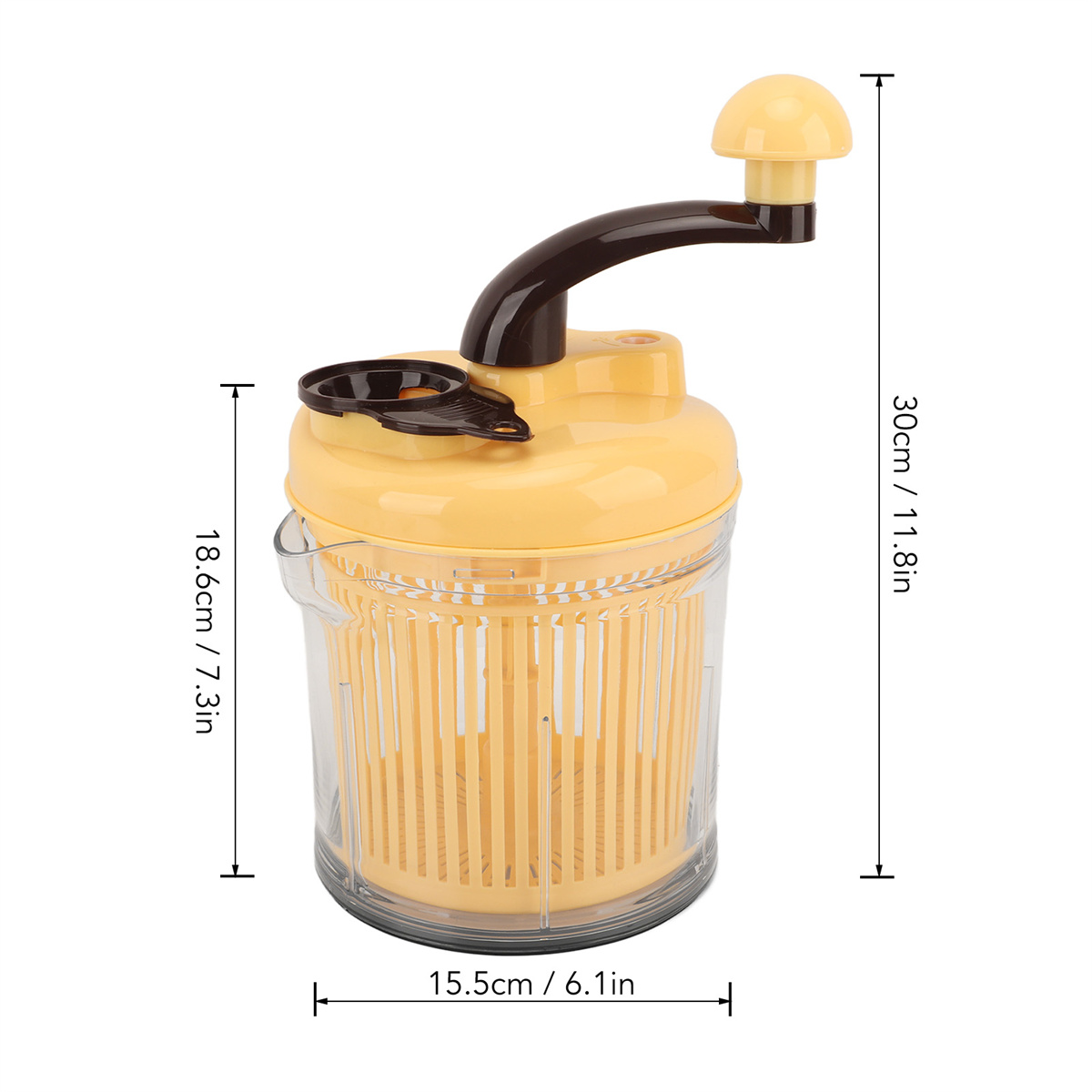Gelber und klarer Küchenmixer mit Maßangaben. Griff und Oberseite sind braun und gelb.