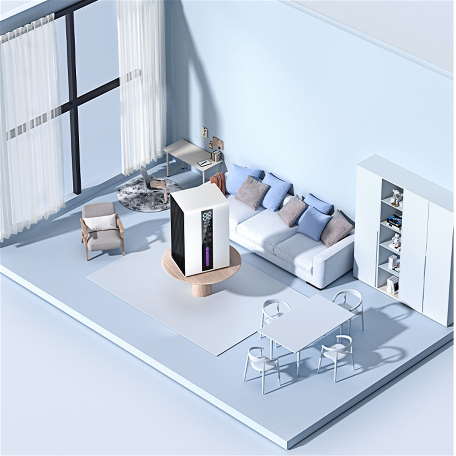 Ein Raum mit modernem Design, einem weißen Sofa und einem schwarzen Luftreiniger auf einem Holztisch.