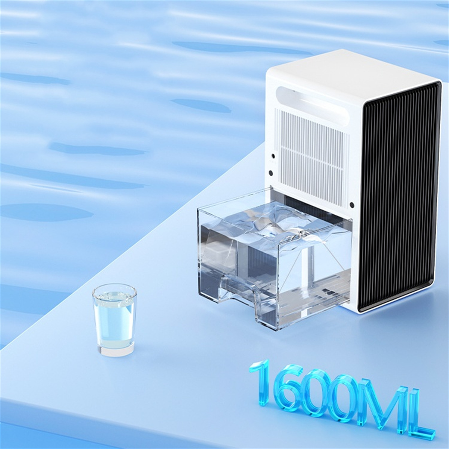 Weißer und schwarzer Wasserreiniger mit einem Glas Wasser und 1600ml Text an der Seite.