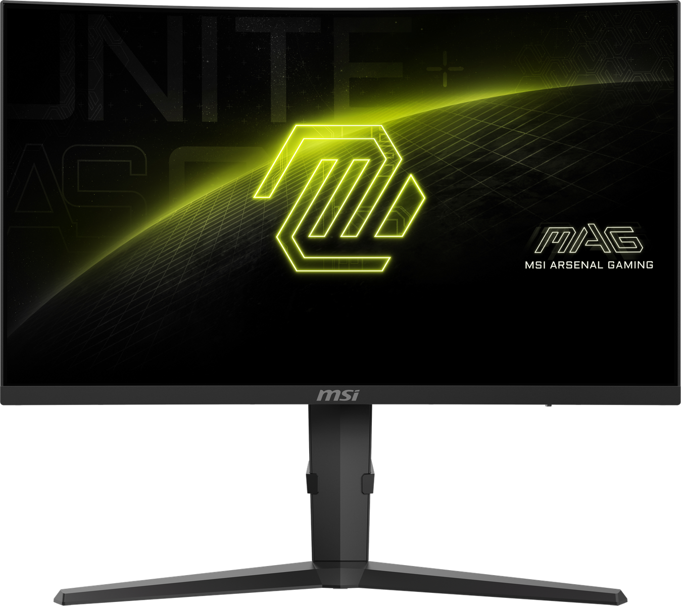 Schwarzer MSI-Monitor mit gewölbtem Bildschirm, Logo und den Worten MSI ARSENAL GAMING. Schwarzer Hintergrund.