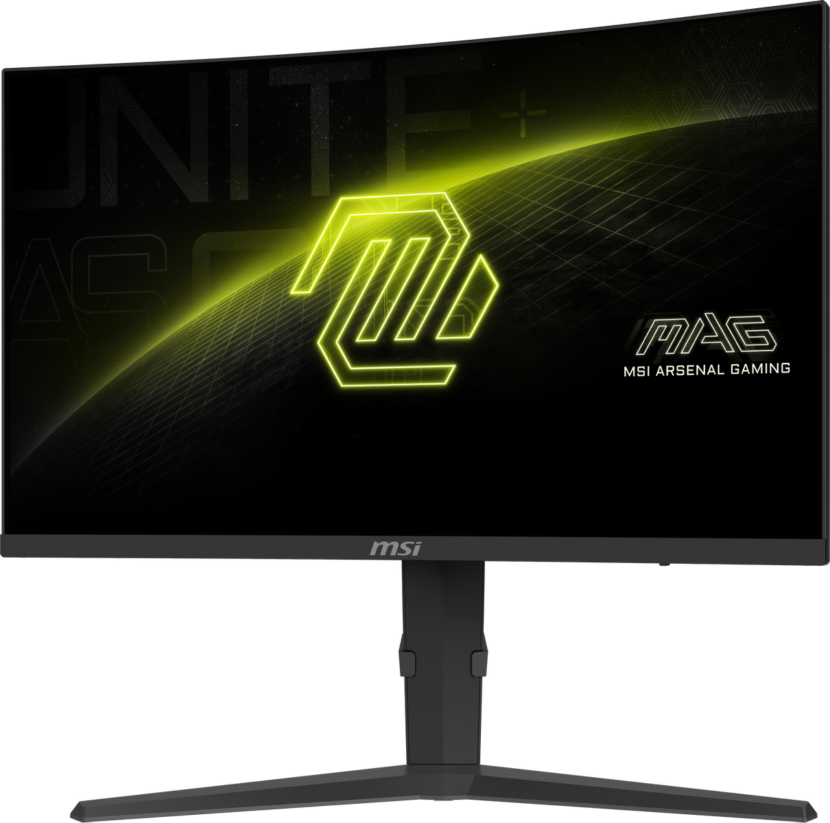 Ein gekrümmter Monitor mit einem Gaming-Logo auf dem Bildschirm.