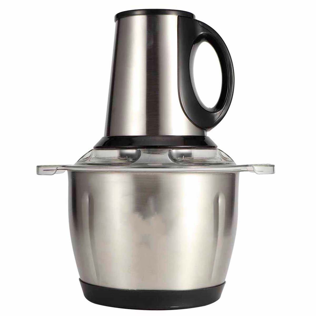 Silberfarbener und schwarzer Food Processor mit Glasschüssel. Weißer Hintergrund.
