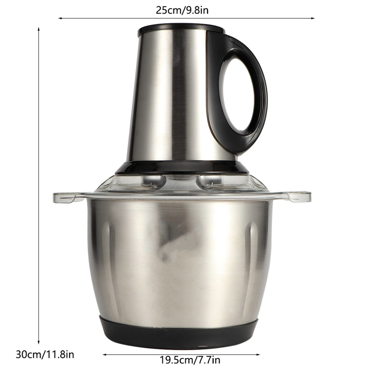 Ein Küchenmixer aus Edelstahl mit schwarzem Griff und transparenter Schüssel. Maße werden angezeigt.