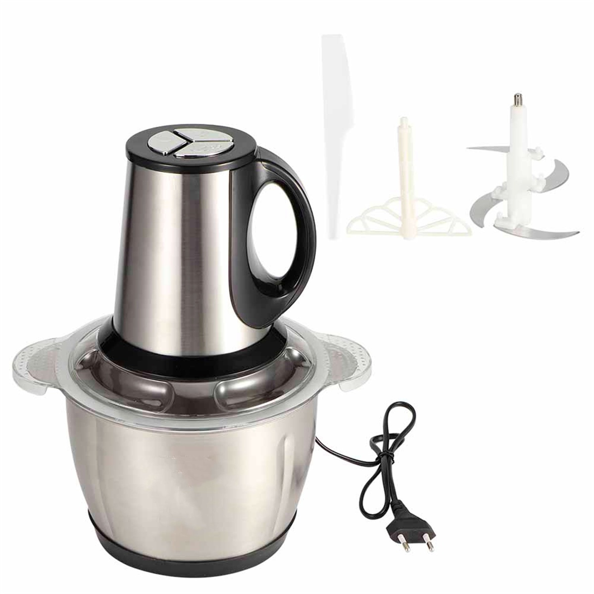 Eine Küchenmaschine aus Edelstahl mit schwarzem Griff und Klingen sowie klarer Schüssel.