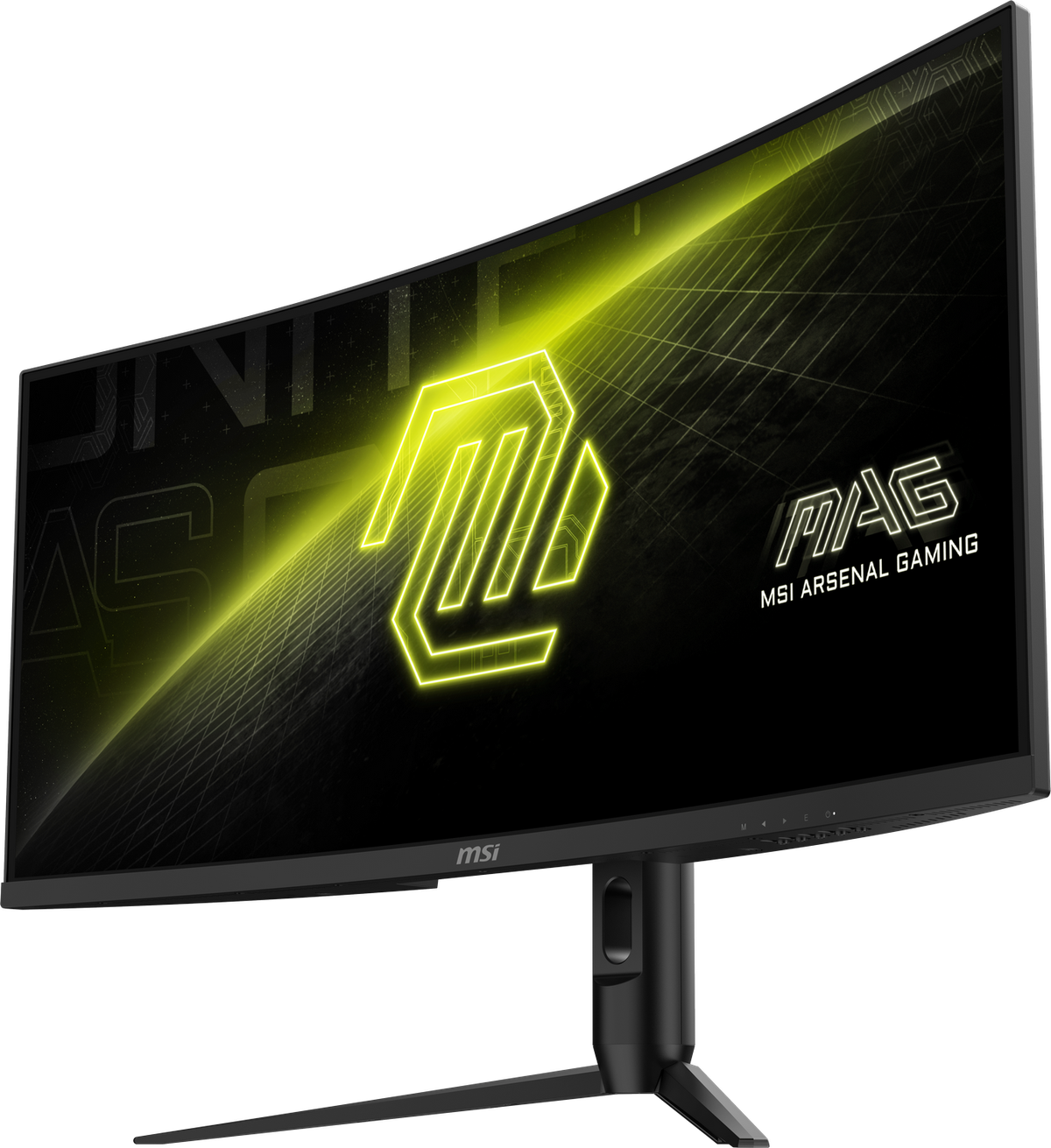 Zakrzywiony czarny monitor komputerowy z żółto-zielonym wzorem na ekranie.