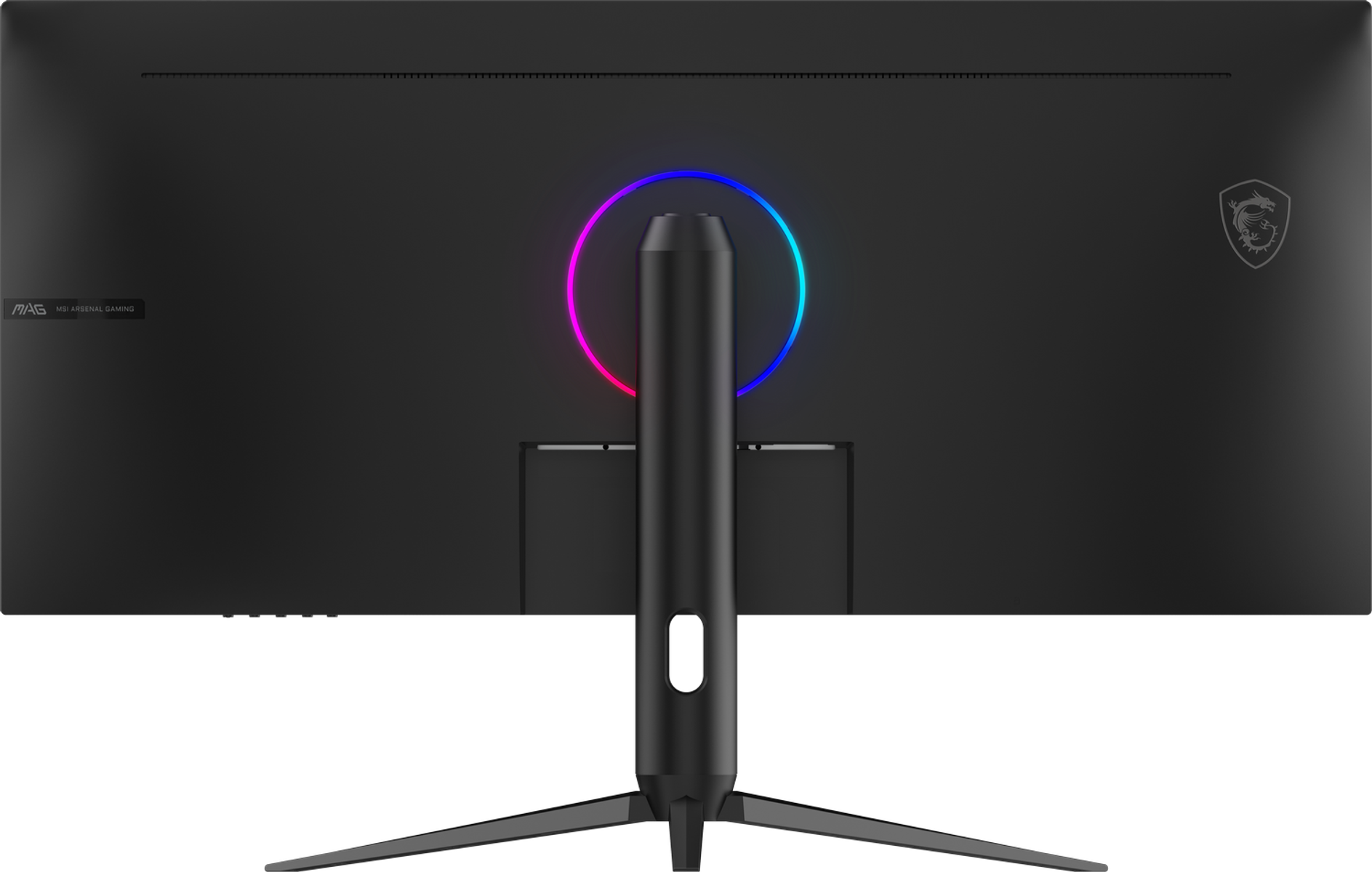 Widok z tyłu czarnego monitora komputera ze stojakiem, z kolorowym okrągłym światłem i logo MSI.