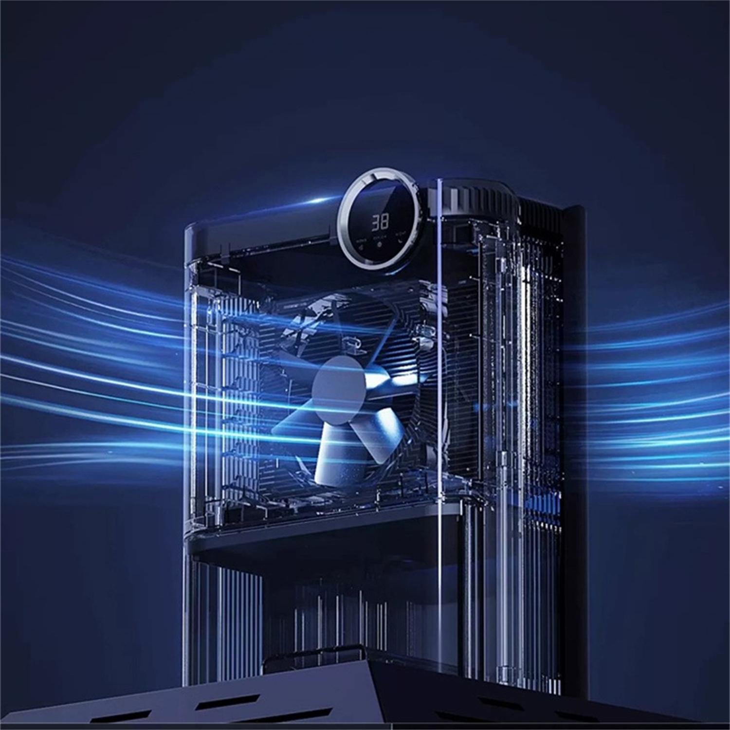 Schwarzer Luftreiniger mit sichtbarem Ventilator, mit blauem Licht- und Luftstromeffekt.