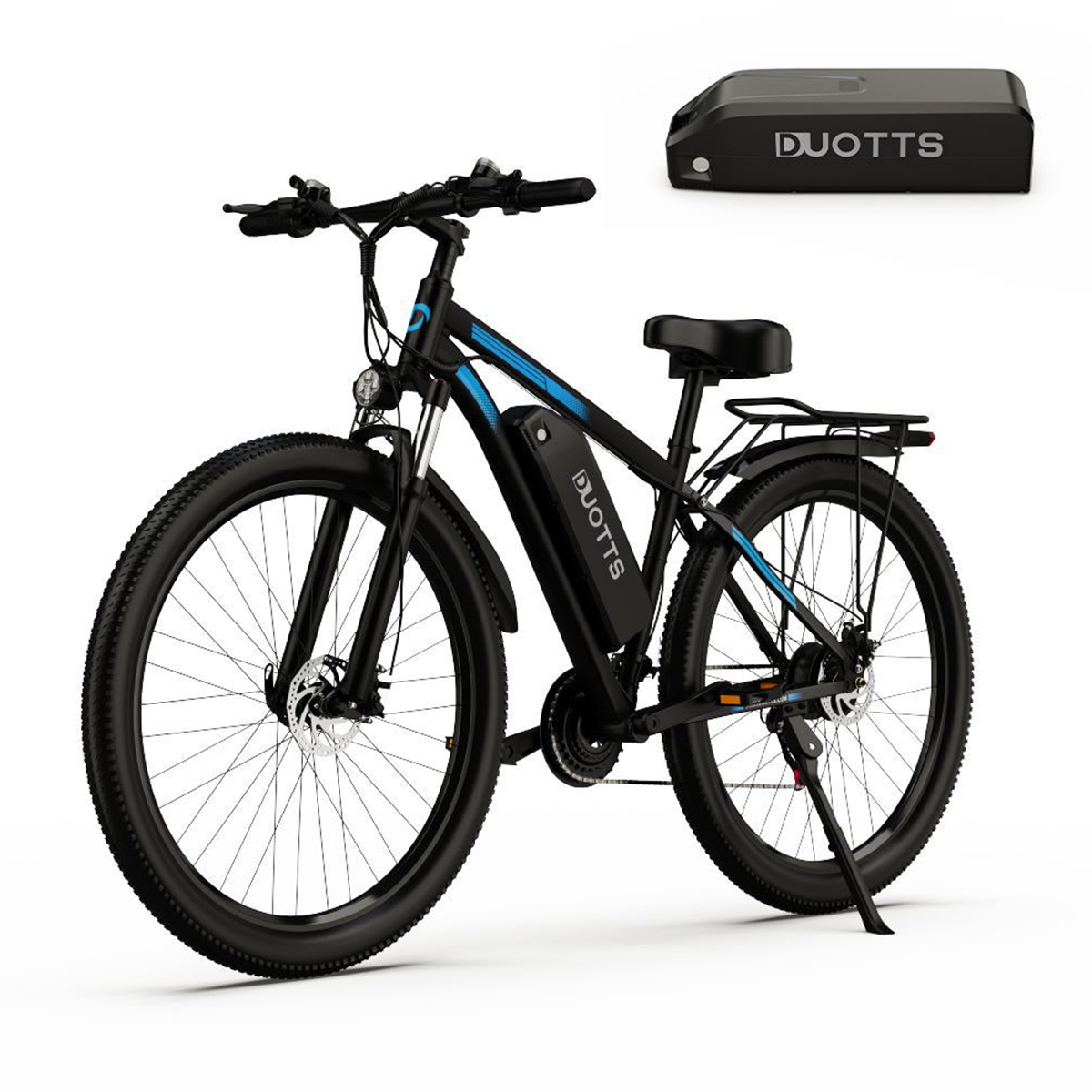 Czarno-niebieski rower elektryczny z akumulatorem. Znajduje się na białym tle.