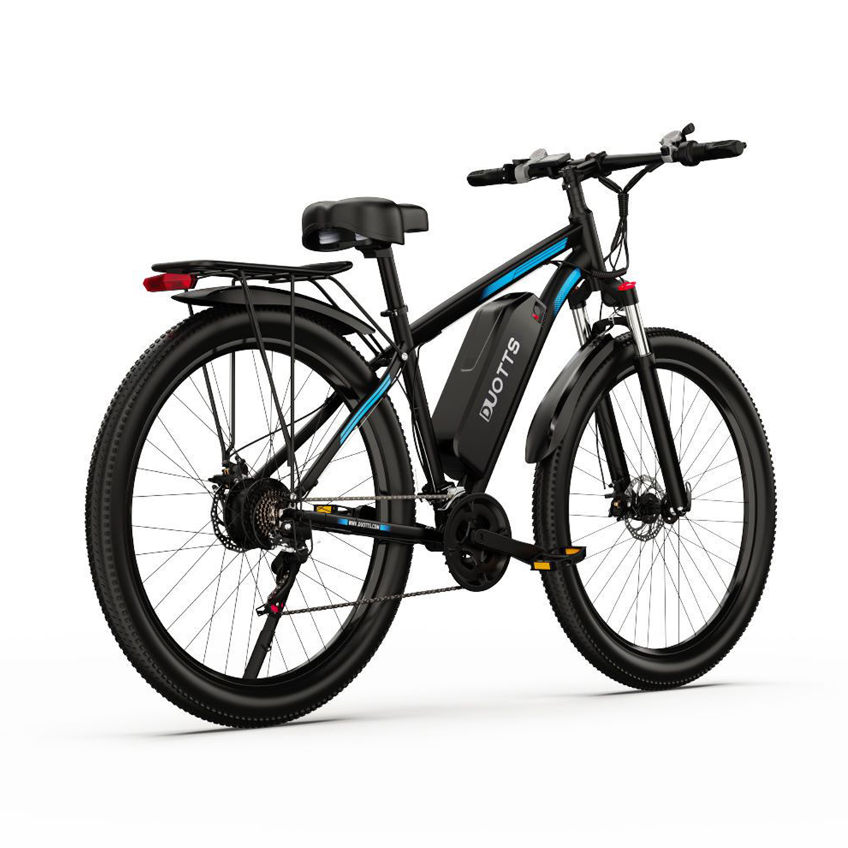 Czarny rower elektryczny z niebieskimi akcentami i czarnymi oponami.