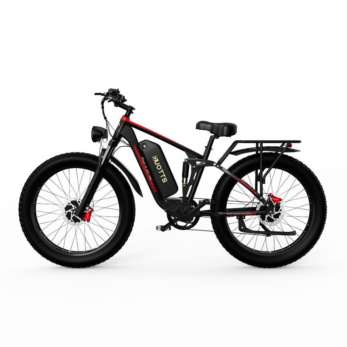 Czarny i czerwony rower elektryczny. Ma duże opony i akumulator.