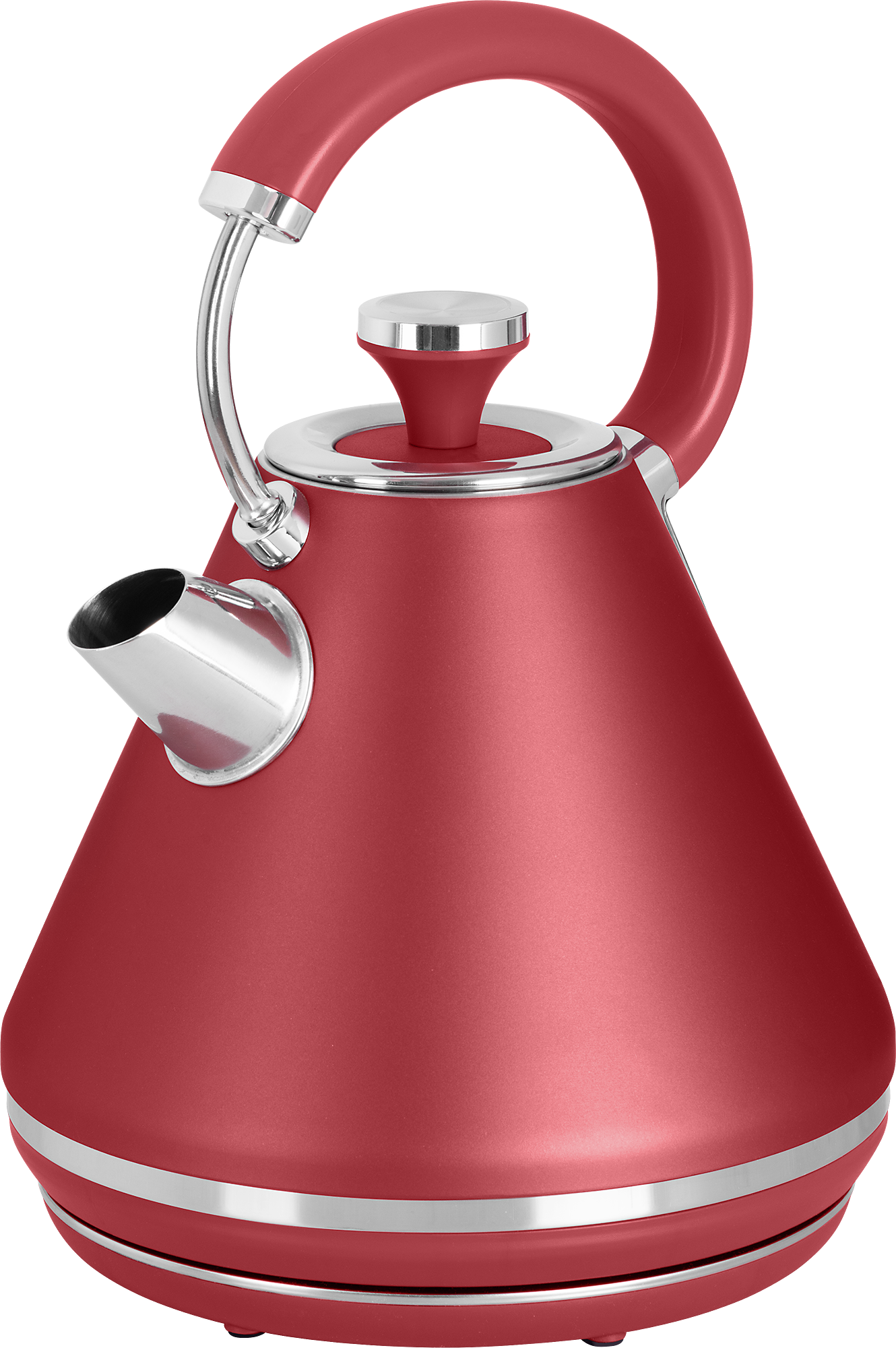Czerwony czajnik elektryczny z zakrzywionym uchwytem i srebrnym wykończeniem. Wylewka jest chromowana.