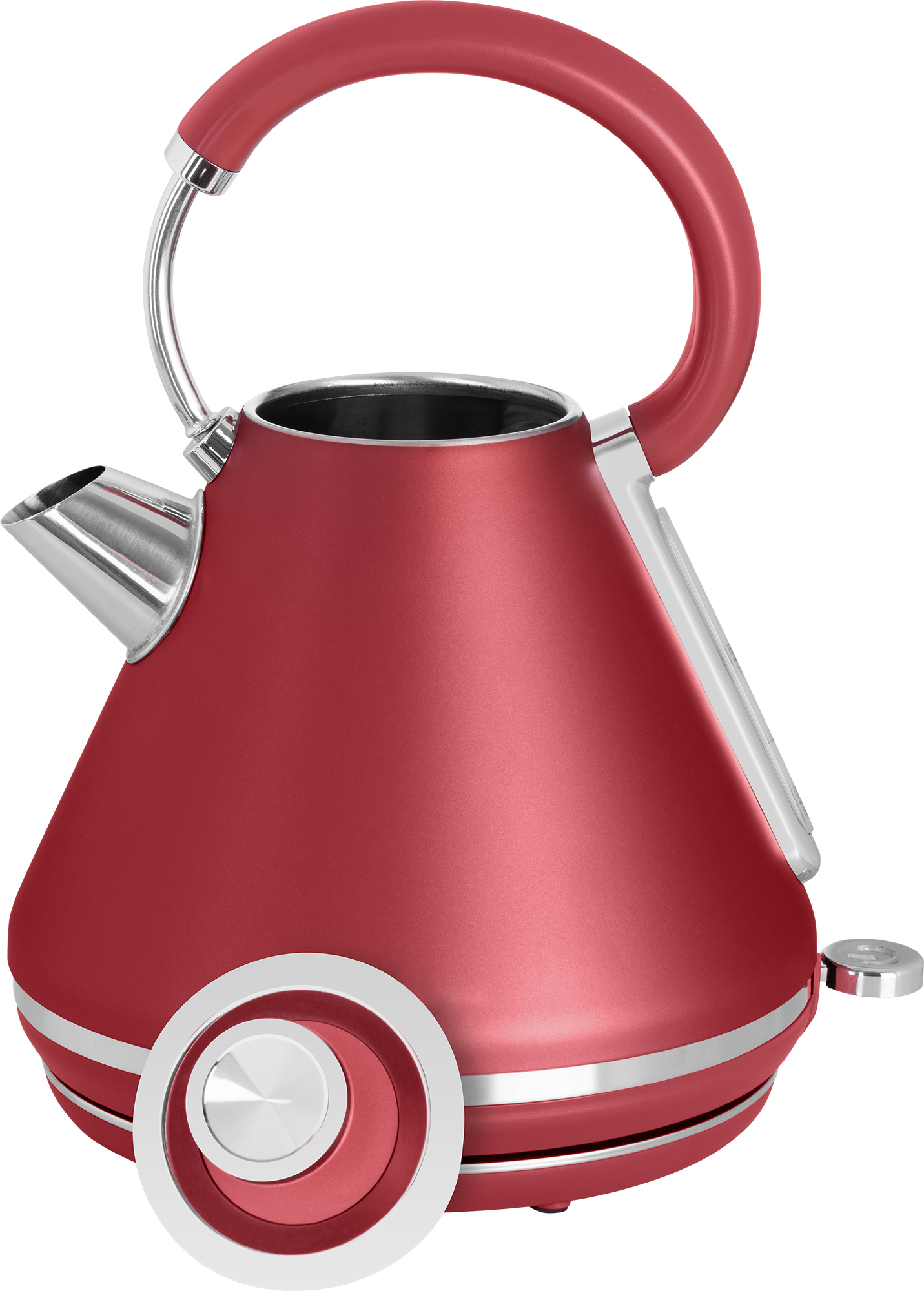 Czerwony czajnik elektryczny ze srebrną podstawą i uchwytem na białym tle.