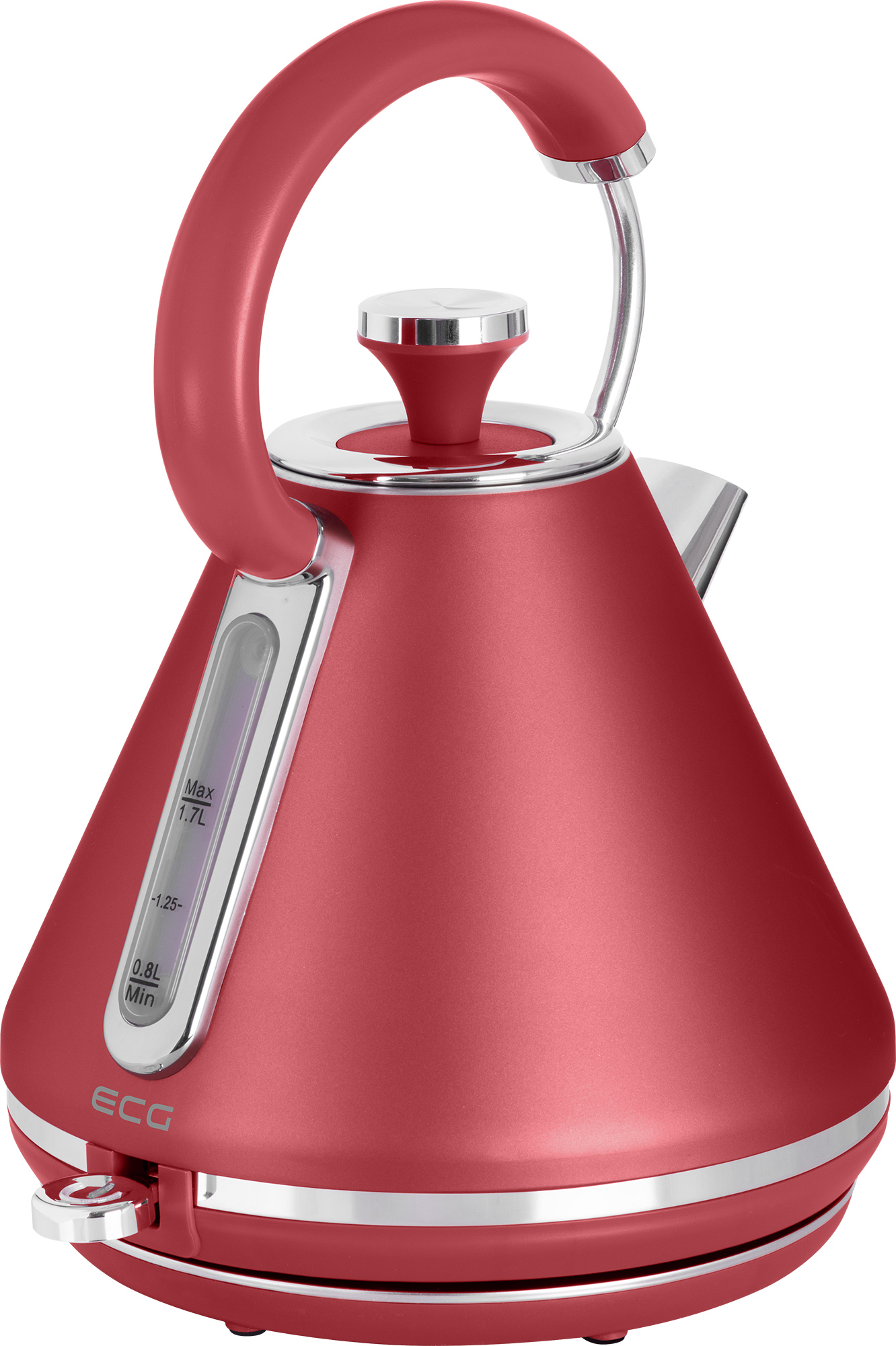 Czerwony czajnik elektryczny ze srebrnym uchwytem i akcentami. Wskaźnik poziomu wody znajduje się z boku.