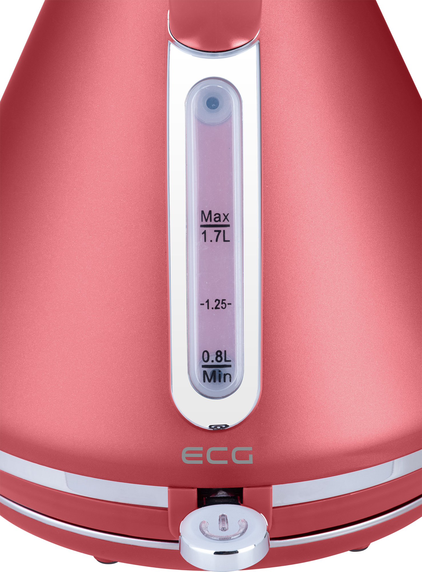 Różowy czajnik elektryczny ze wskaźnikiem poziomu wody. Srebrne akcenty i przycisk zasilania.