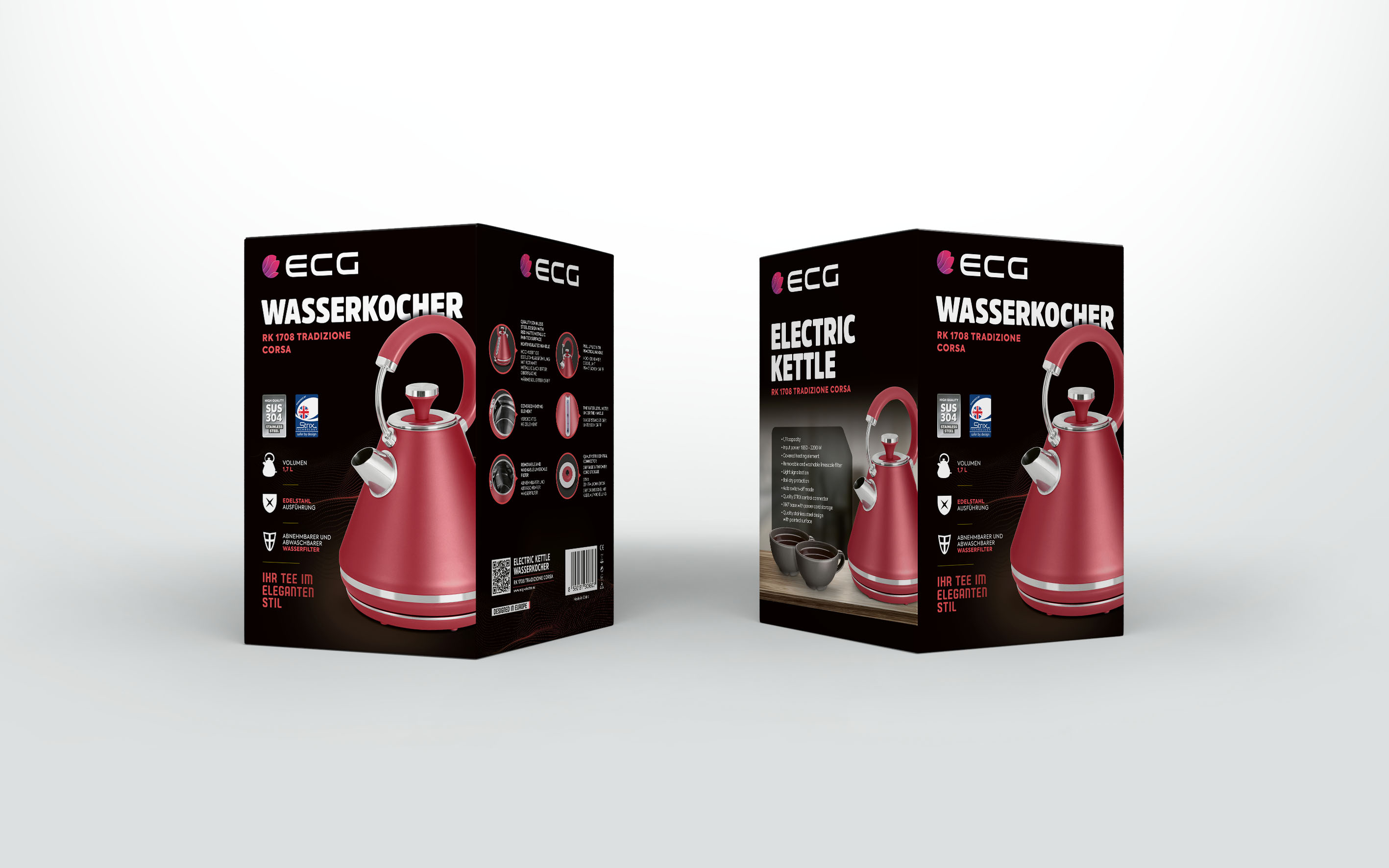 Zwei Kartons eines roten Wasserkochers mit rotem Griff, die Produktdetails und das Branding zeigen.