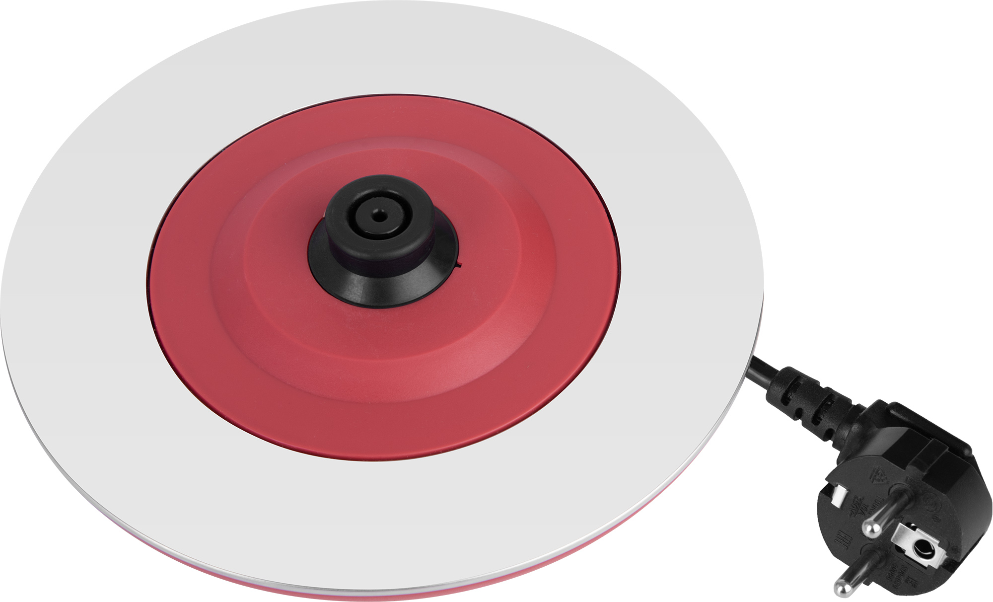 Czerwono-biała podstawa czajnika elektrycznego z czarną wtyczką. Czajnik ma okrągły kształt.