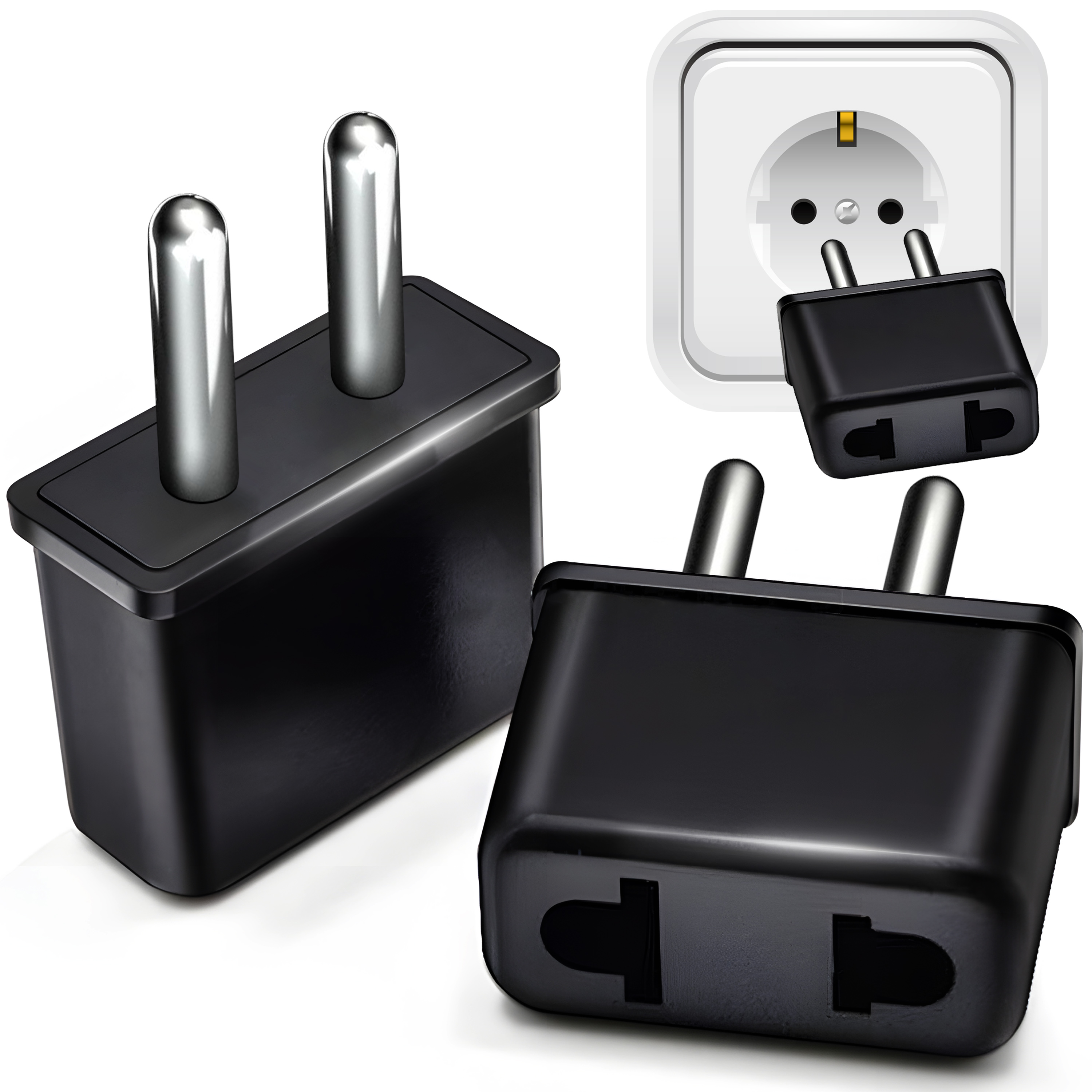 Schwarze Steckeradapter mit zwei Stiften, für europäische Steckdosen. Einer ist in einer Steckdose.