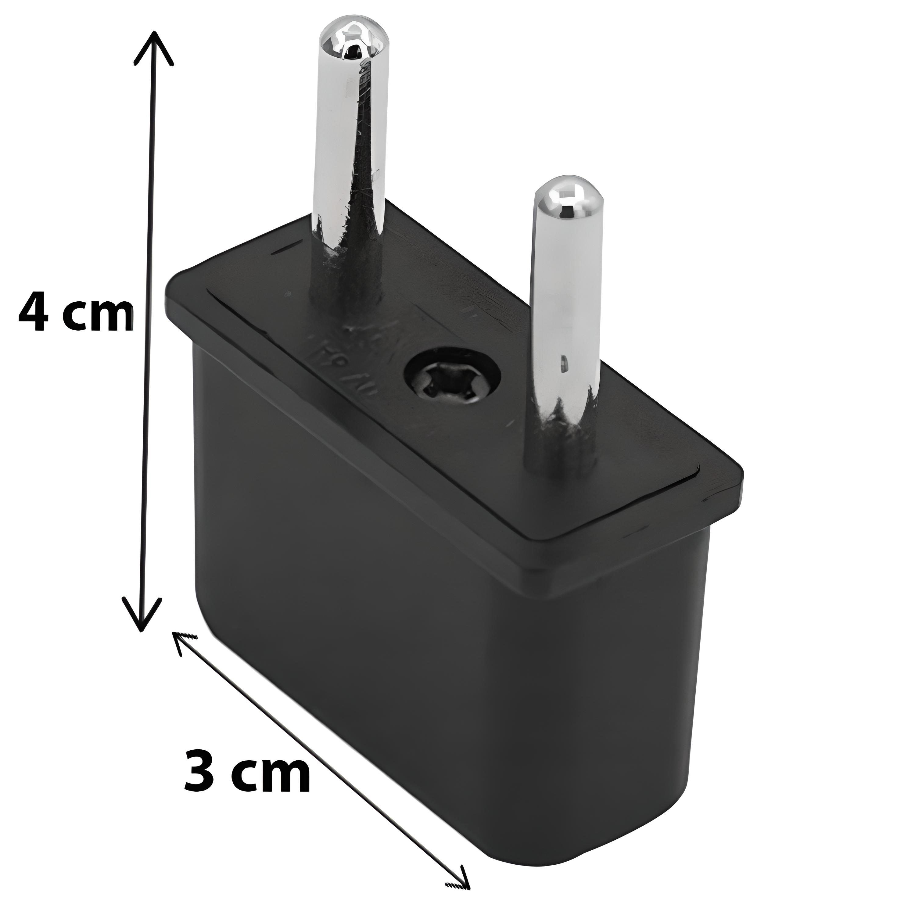 Schwarzer Adapter mit zwei Silberstiften, Abmessungen 4 cm x 3 cm, vor weißem Hintergrund.