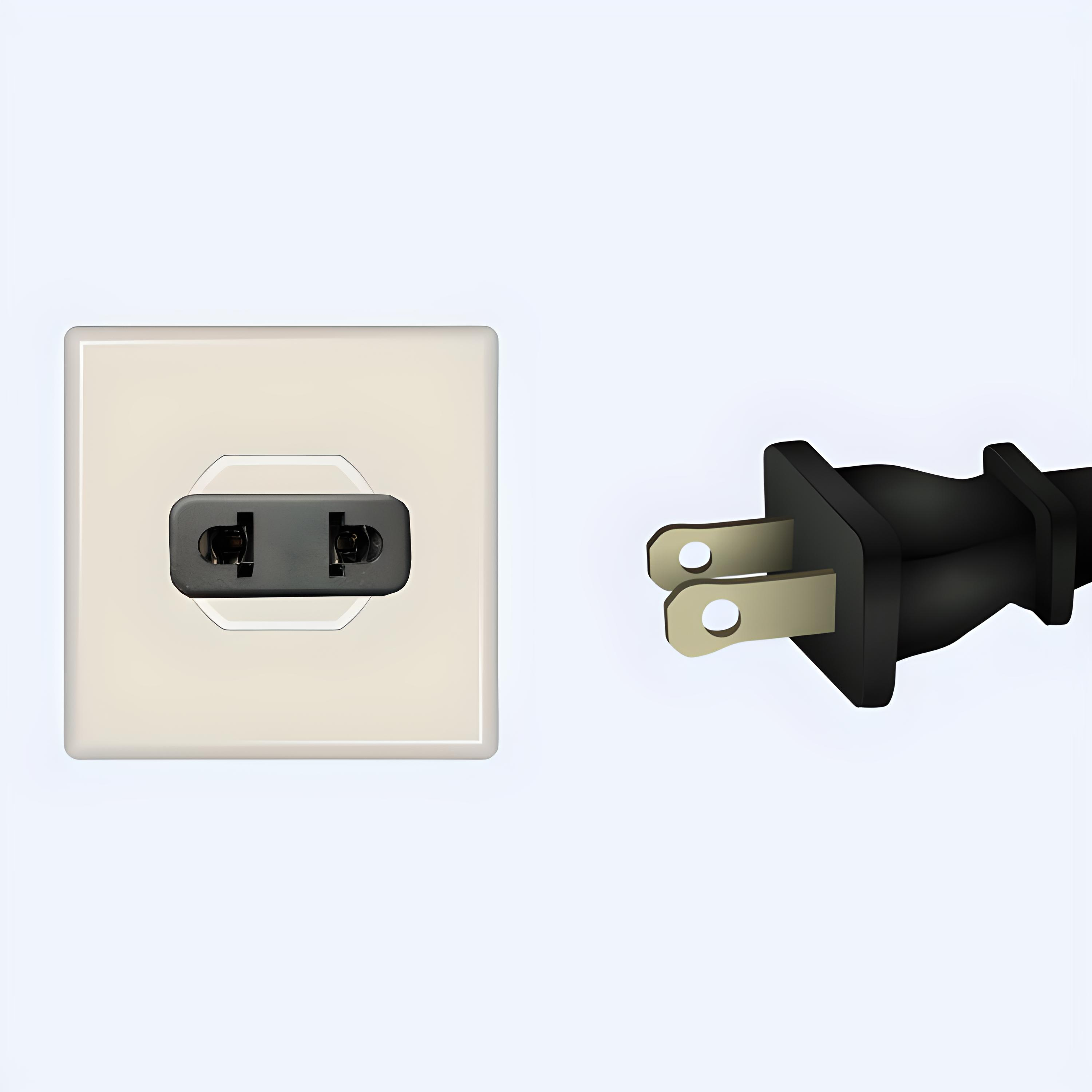Steckdose mit zwei Schlitzen und einem schwarzen Stecker mit zwei flachen Stiften. Weißer Hintergrund.