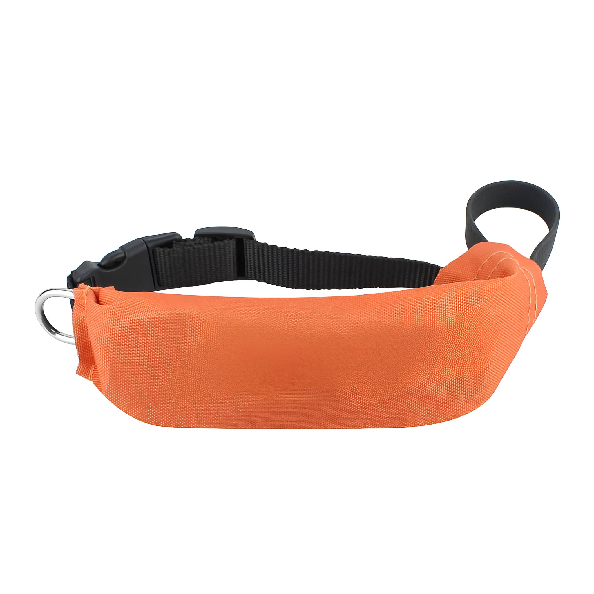 Orange Schwimmhilfe. Hat einen schwarzen Gurt mit Schnalle und einen Stahlring.