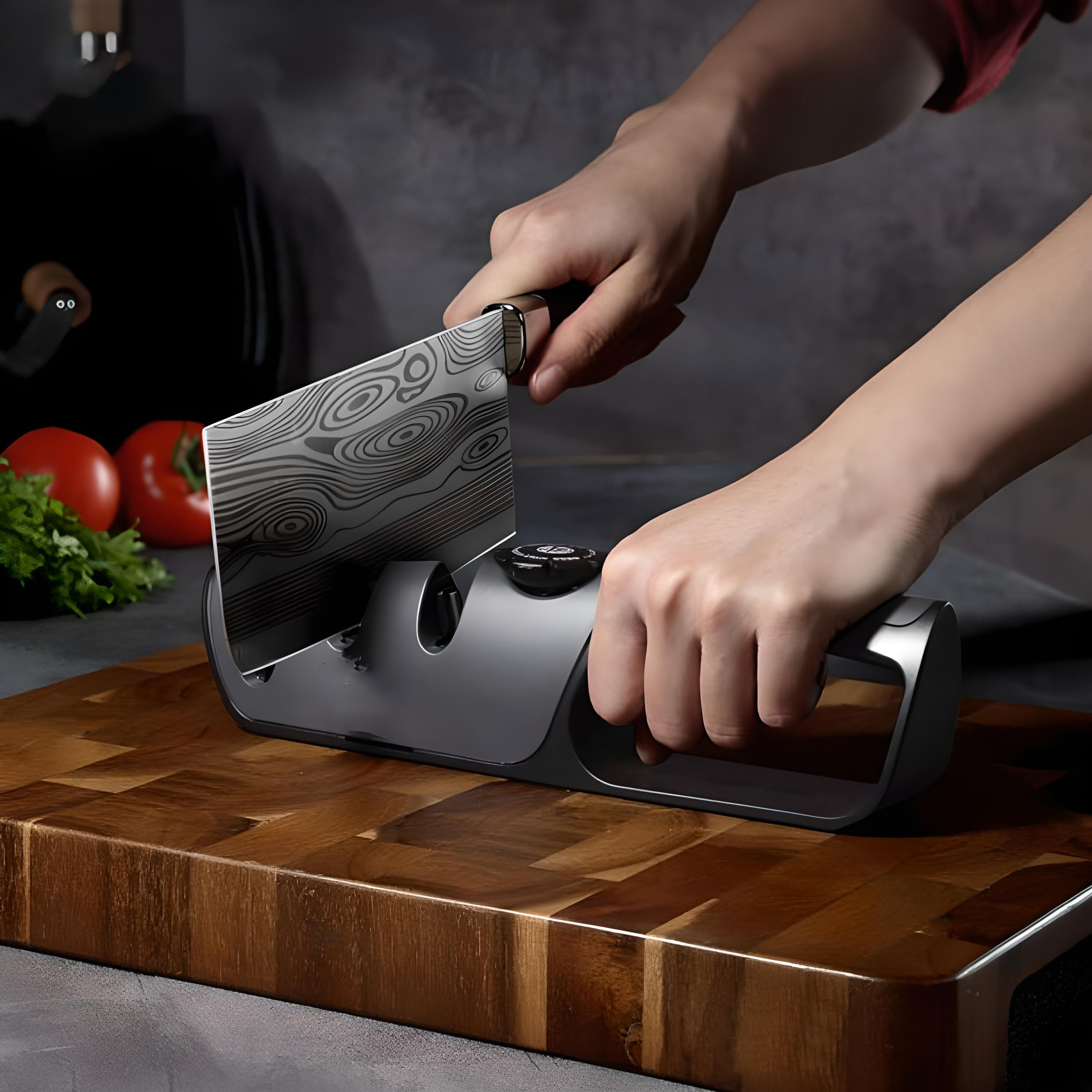 Eine Person, die ein Messer mit einem grauen Schärfer auf einem hölzernen Schneidebrett schärft. Tomaten und Salat in der Nähe.