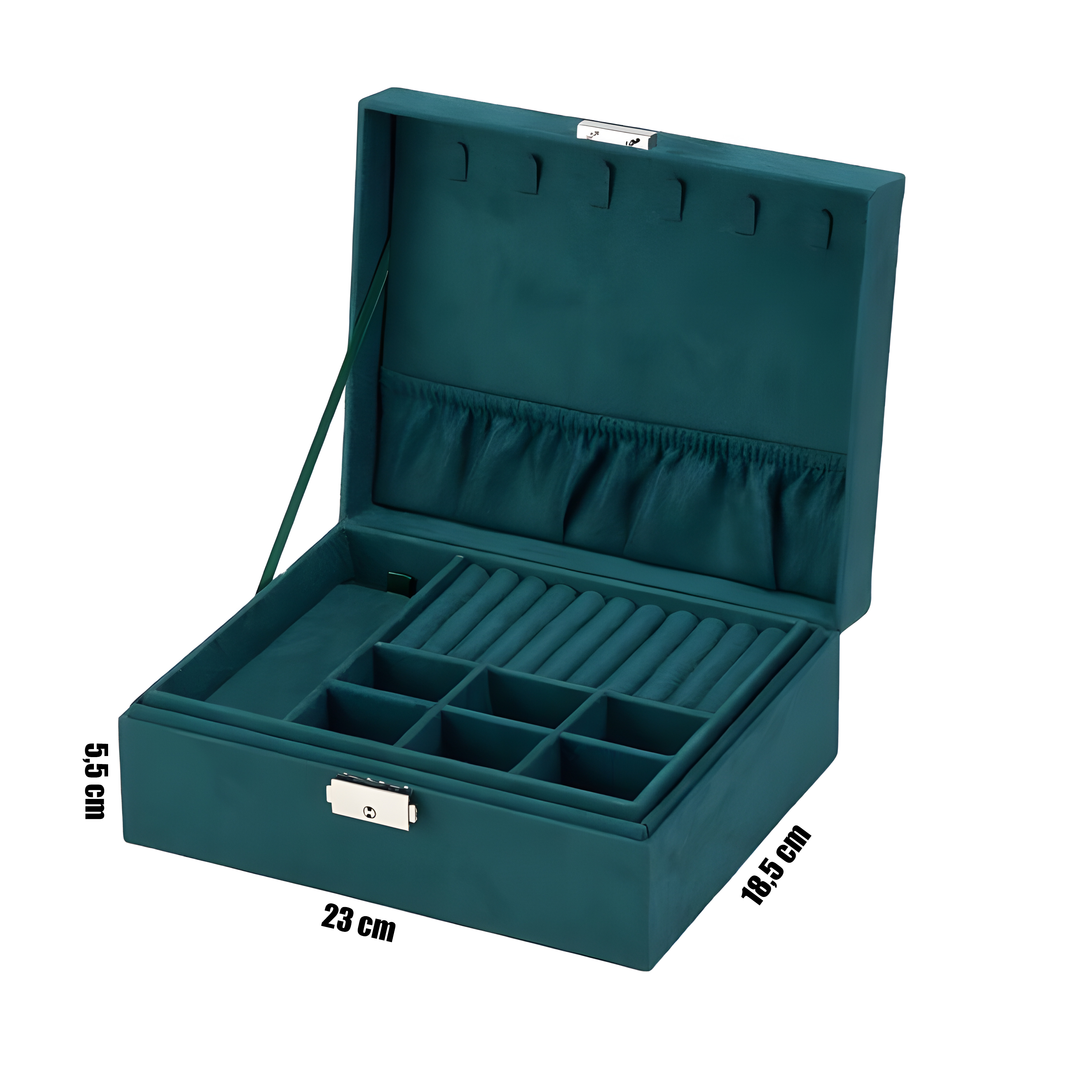 Geöffnete tealfarbene Schmuckschatulle mit Fächern für Ringe und anderen Schmuck, auf weißem Hintergrund.