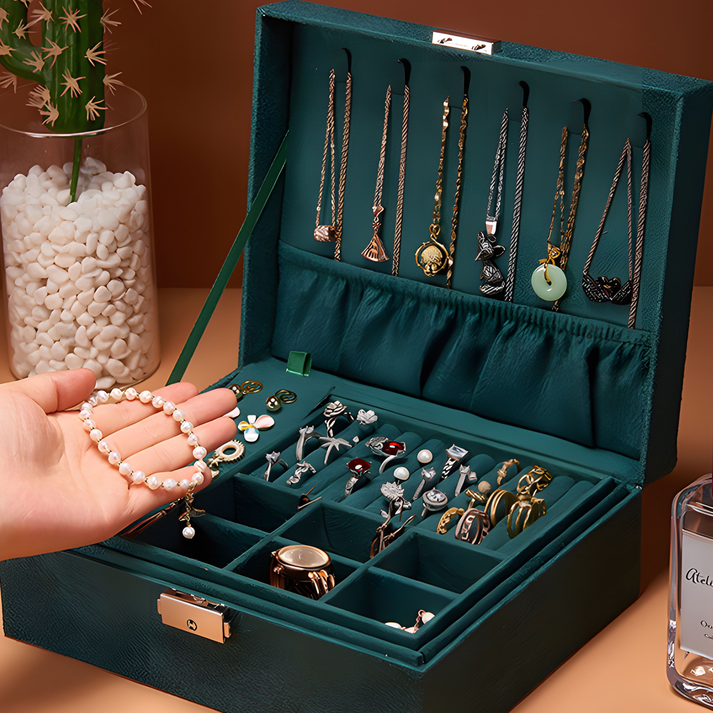Eine tealfarbene Schmuckschatulle ist geöffnet, mit Halsketten und Ringen. Eine Hand hält ein Perlenarmband. Ein Kaktus steht daneben.