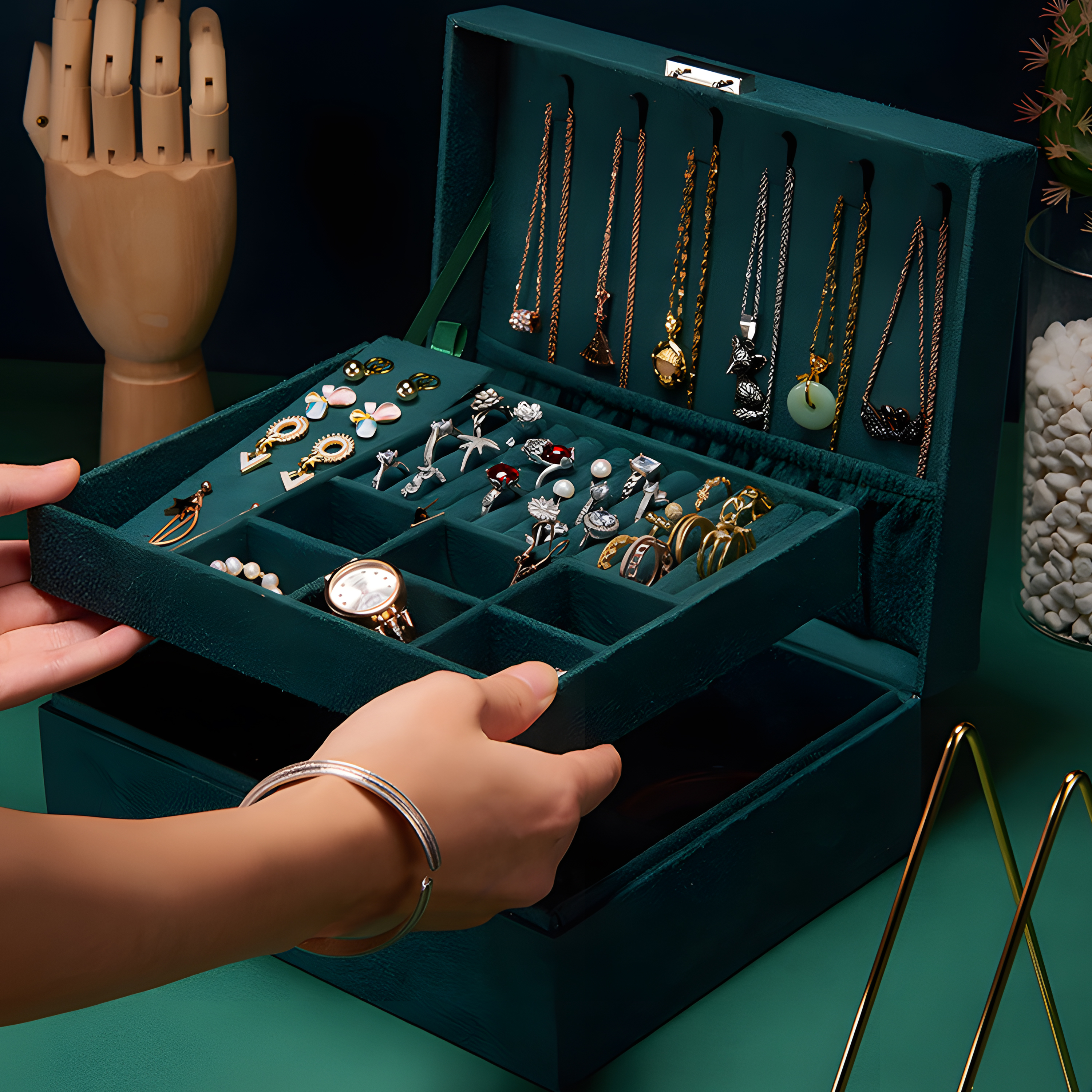 Eine offene Schmuckschatulle mit verschiedenen Schmuckstücken. Eine Hand greift hinein und hält ein Armband.