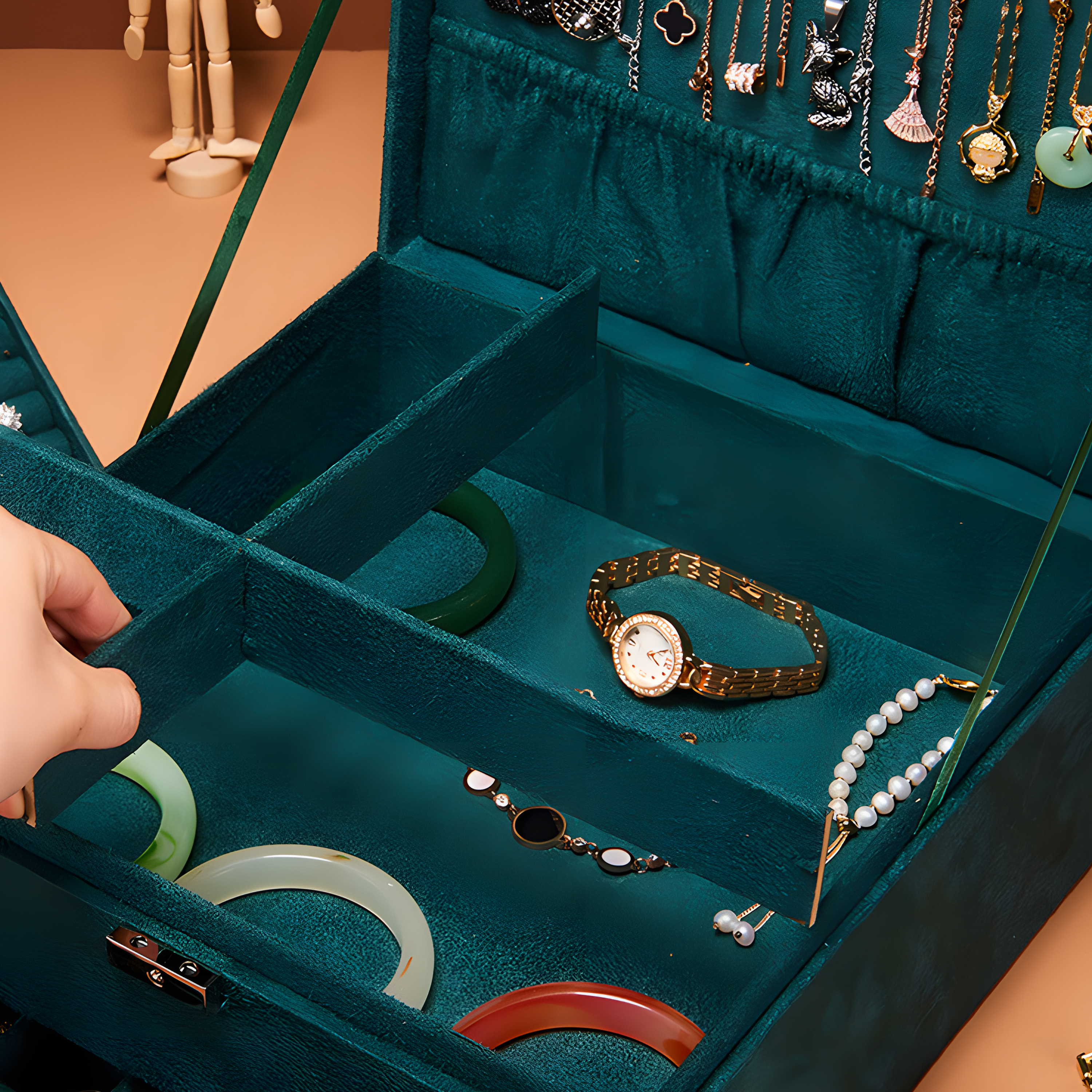Eine tealfarbene Schmuckschatulle ist geöffnet und gibt Schmuck frei. Eine Hand greift hinein. Armbänder, Halsketten und Ringe sind sichtbar.