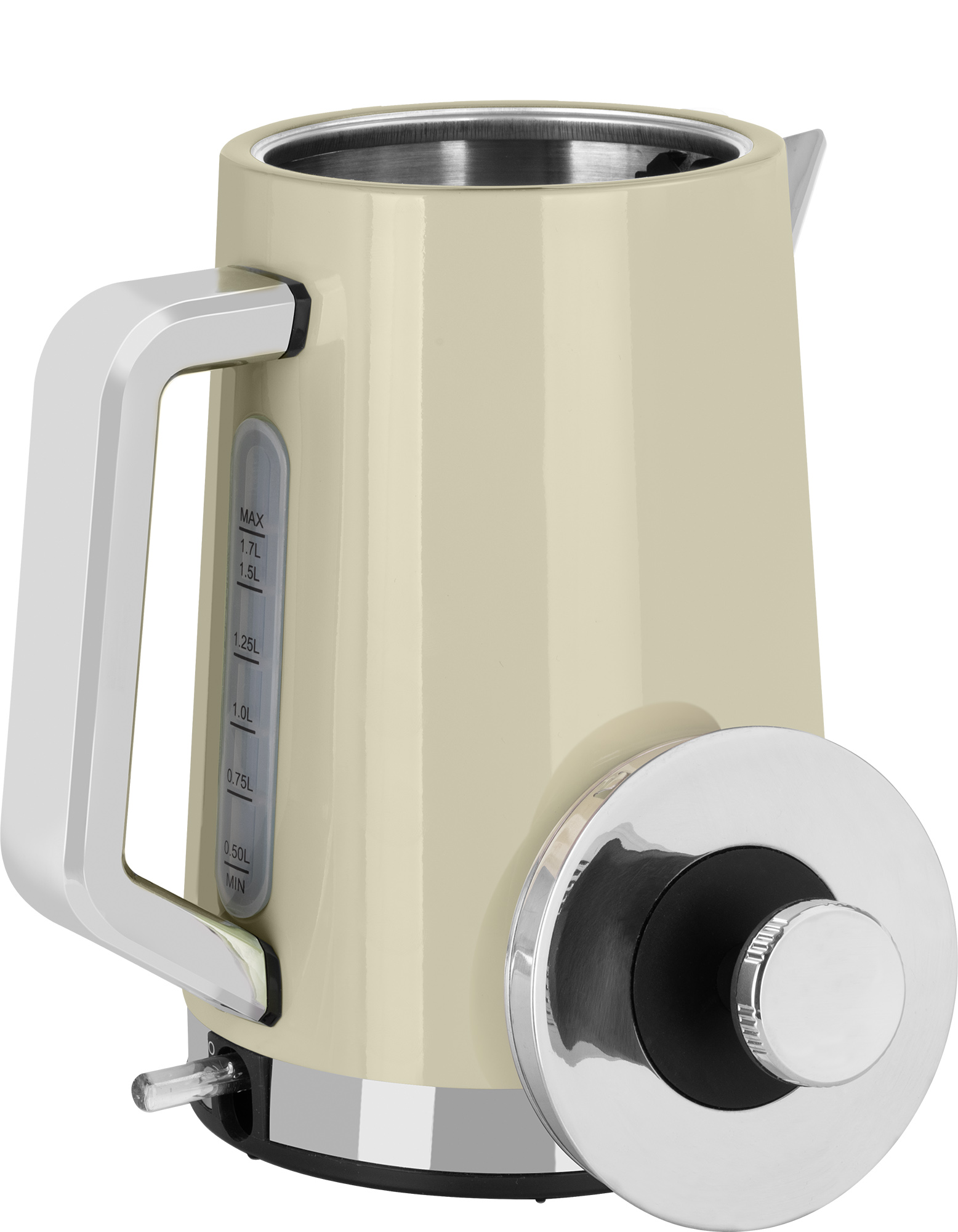 Cremefarbener Wasserkocher mit Chromgriff, Deckel und Wasserstandsanzeige.