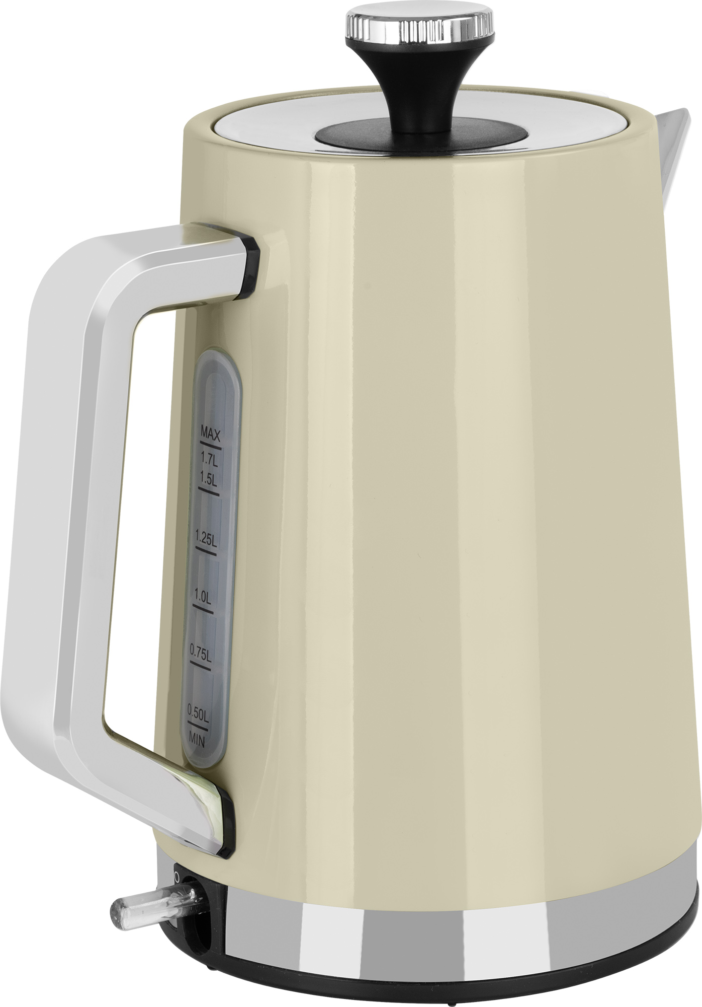 Ein cremefarbener Wasserkocher mit Griff und Wasserstandsanzeige. Schwarzer Deckel und Netzschalter.