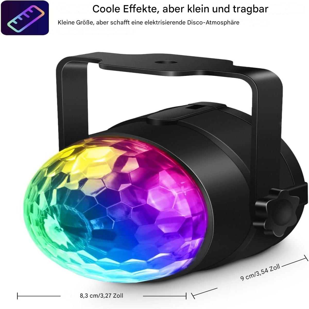 Schwarzes Diskokugellicht mit Griff, Abmessungen und Text.