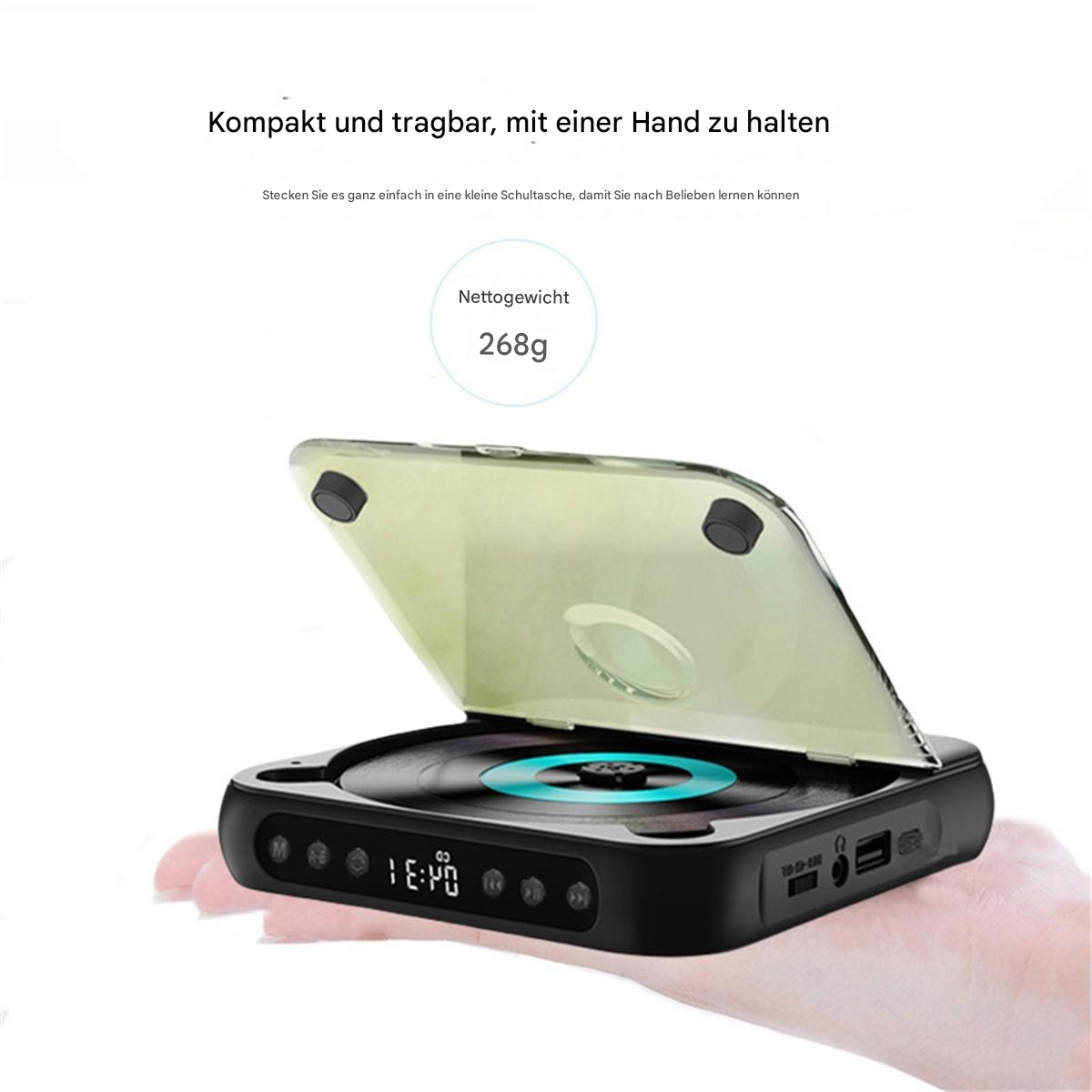 Ein kleiner tragbarer CD-Player. Er ist schwarz und offen mit einer CD im Inneren.