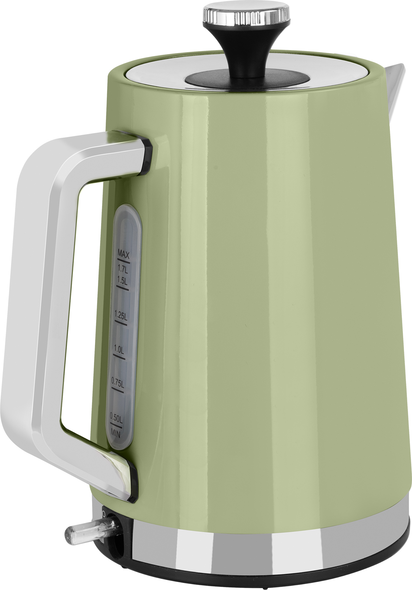 Grüner Wasserkocher mit silbernem Griff, schwarzem Deckel und Wasserstandsanzeige an der Seite.