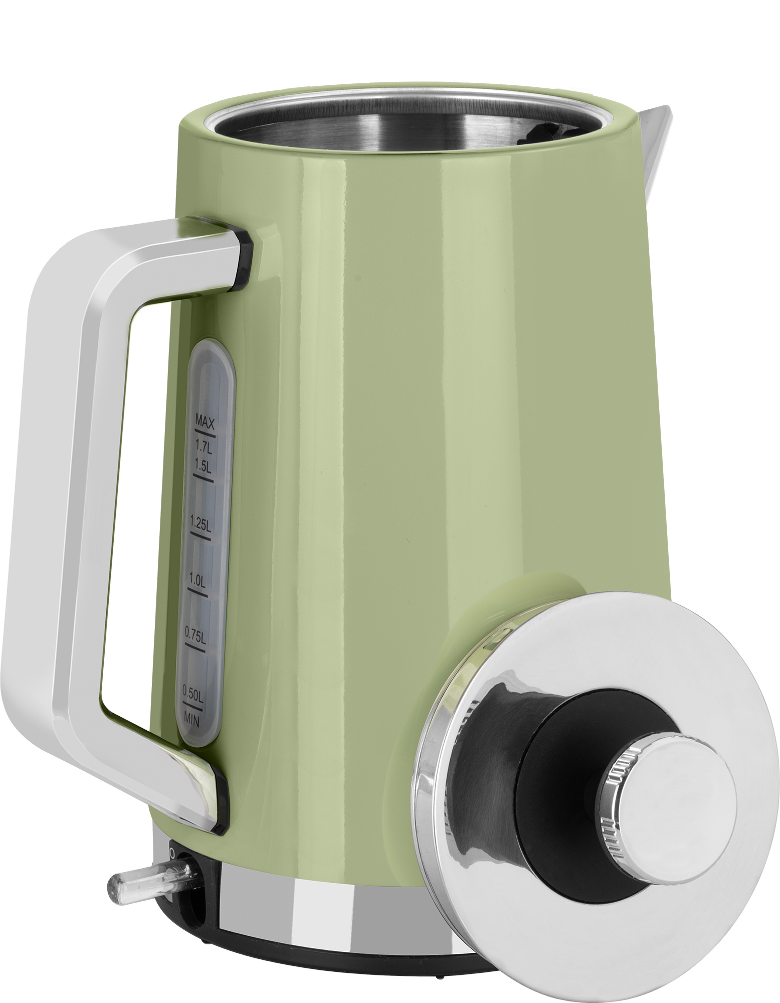 Hellgrüner Wasserkocher mit Chromgriff und Skala.