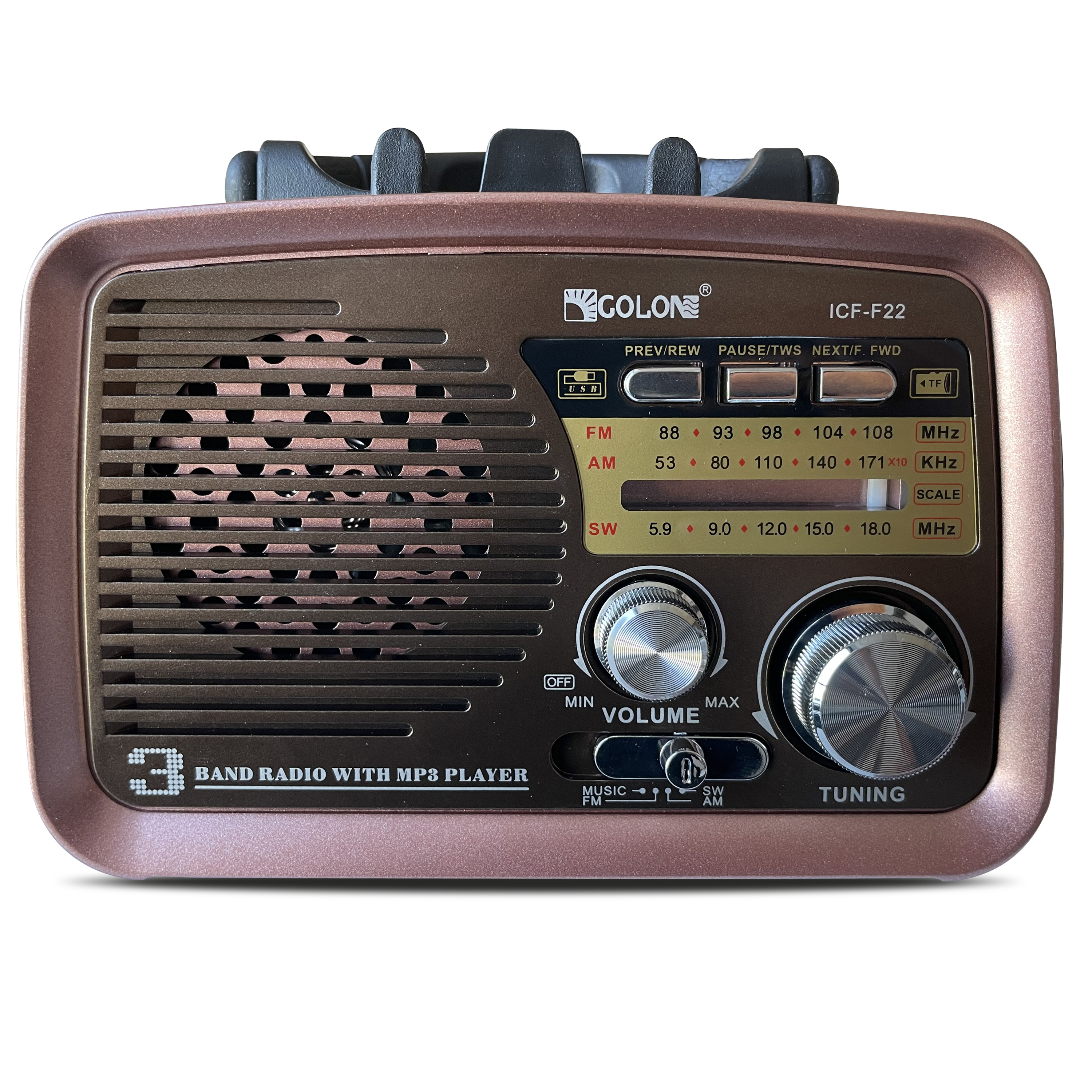 Ein braunes Vintage-Radio mit der Aufschrift 'GOLON' und Drehreglern für Lautstärke und Abstimmung.