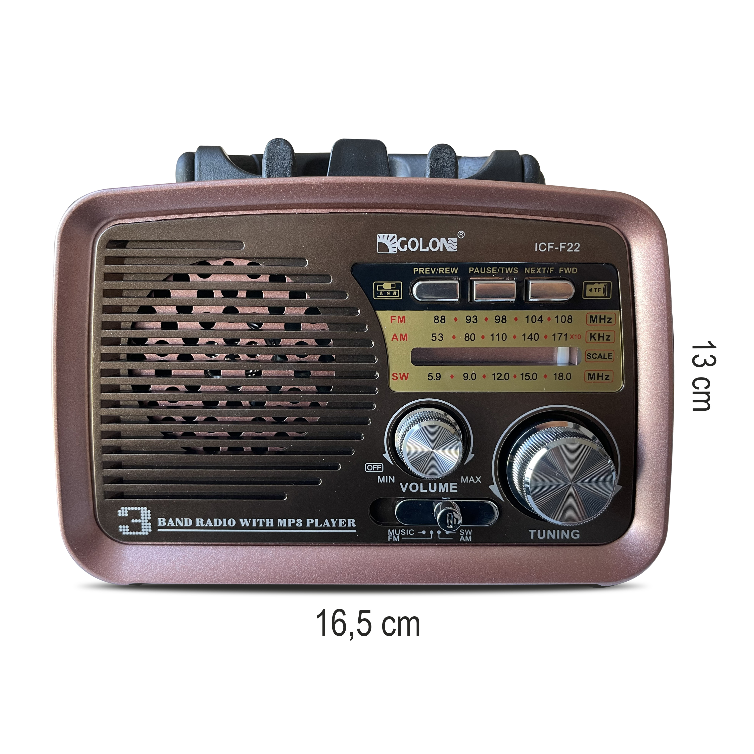 Braunes Retro-Radio mit Knöpfen und Lautsprecher, Abmessungen 16,5x13 cm.