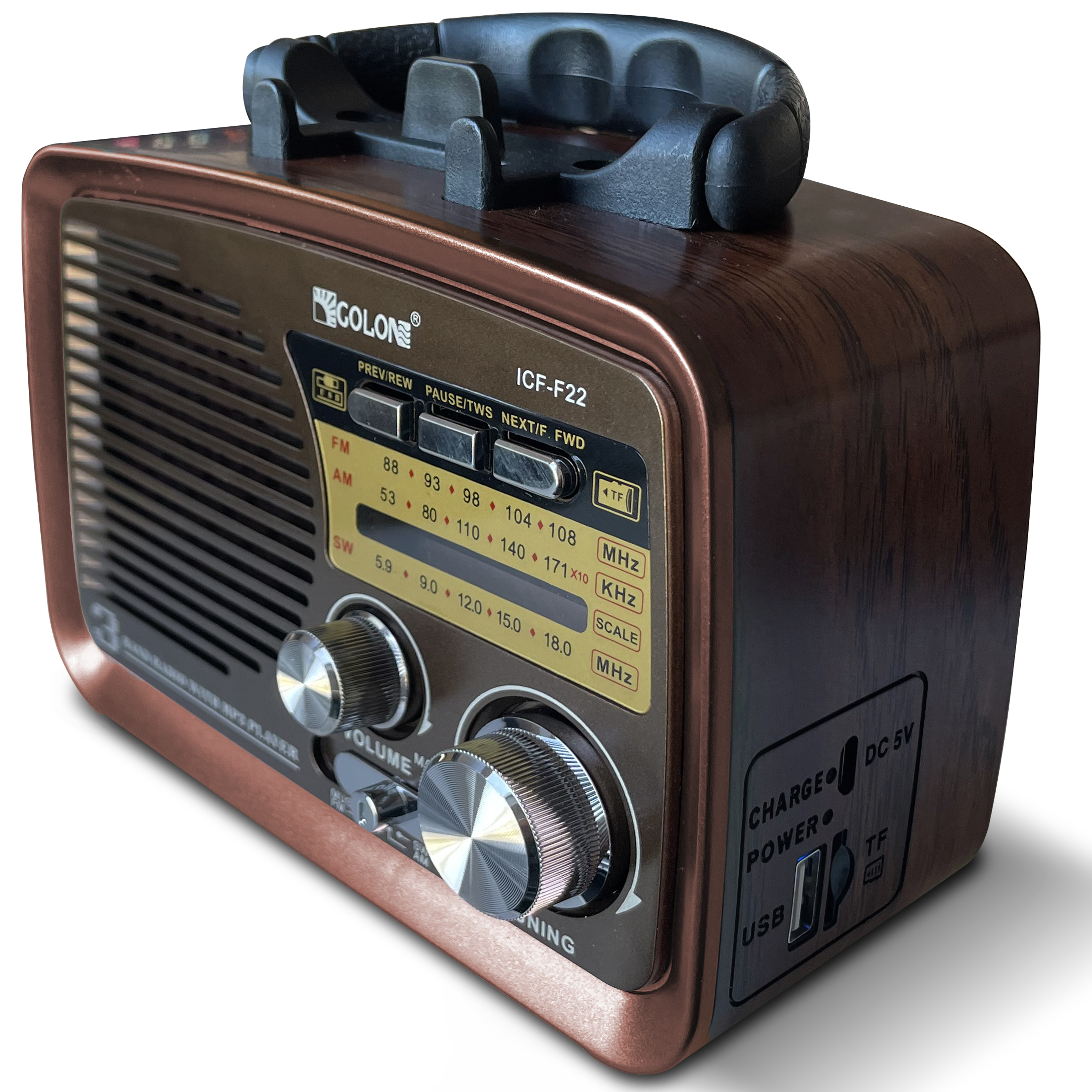 Ein braunes Vintage-Radio mit Knöpfen, Tasten und einem Griff. Es zeigt einen USB-Anschluss.