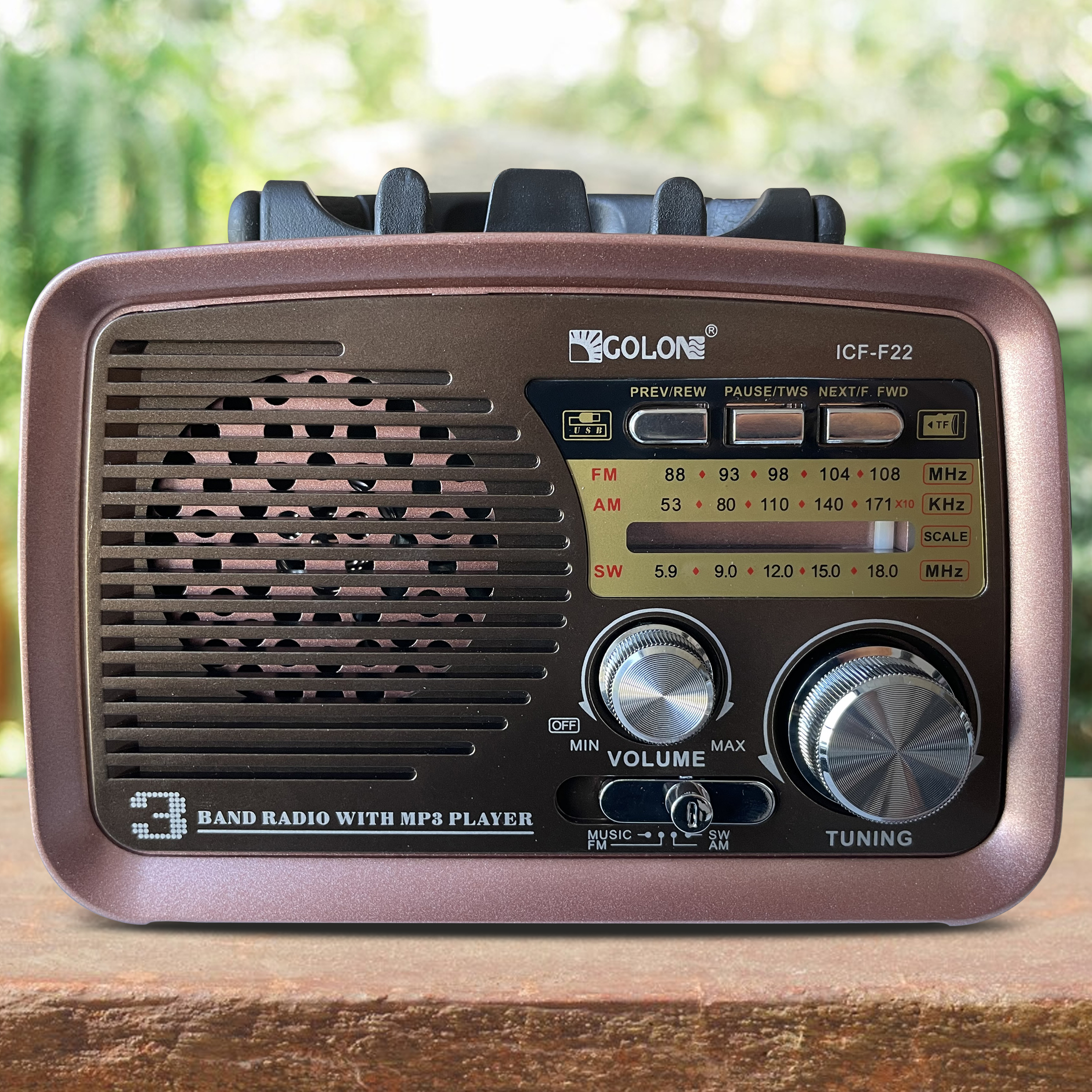 Ein braunes und bronzefarbenes Radio mit Knöpfen und einem Lautsprecher. Der Hintergrund ist eine verschwommene grüne Außenszene.
