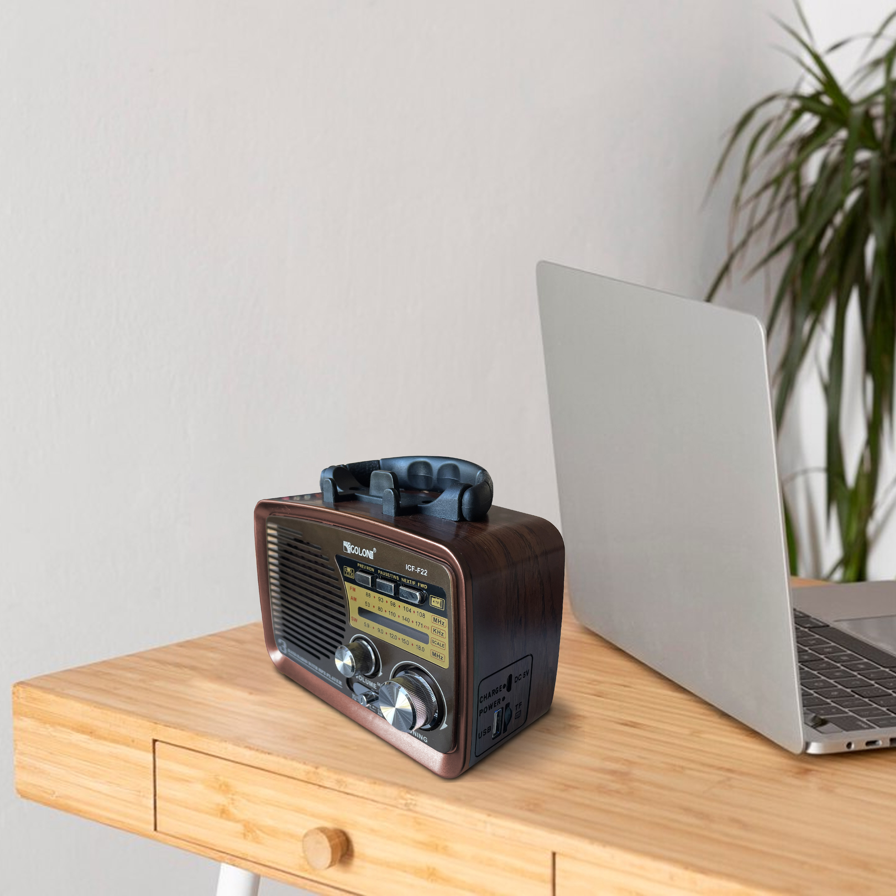 Holzradio auf einem Schreibtisch mit Laptop und Pflanze. Das Radio hat Knöpfe und einen Griff. Heller Hintergrund.