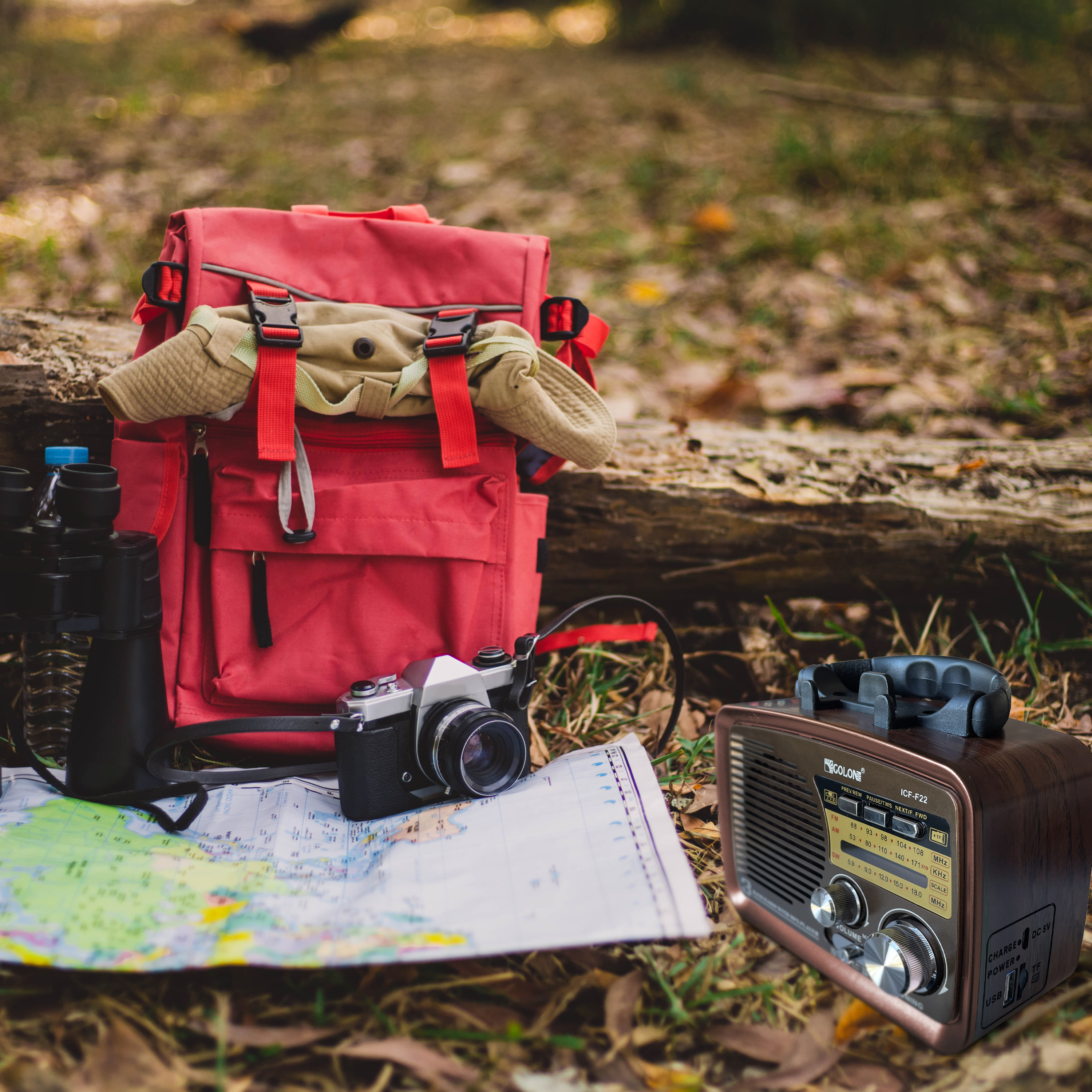 Szene im Freien mit rotem Rucksack, Kamera, Radio, Karte, Fernglas auf einem Baumstamm im Wald.