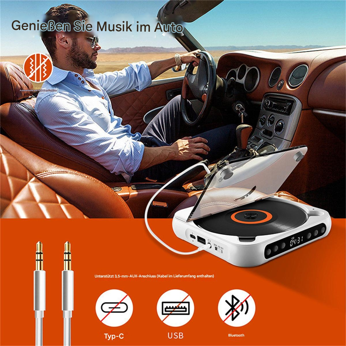 Mann im Auto, Musikplayer, Kabel und Symbole für USB, Typ-C und Bluetooth. Braunes Interieur.