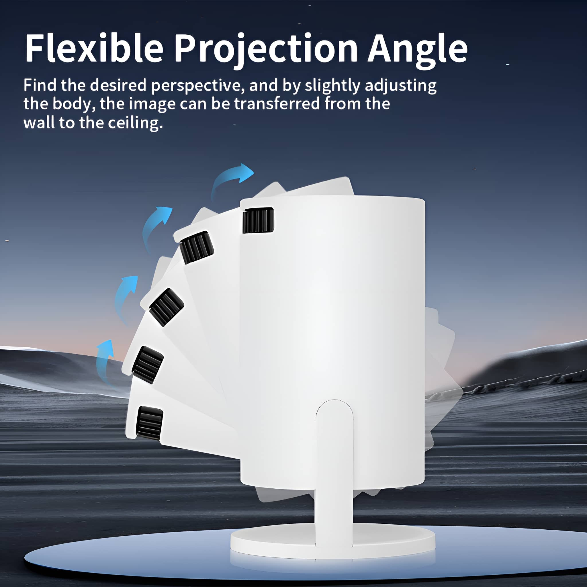 Weißer Projektor mit beweglichem Kopf, der auf eine blaue Oberfläche projiziert. Text: 'Flexible Projection Angle'.